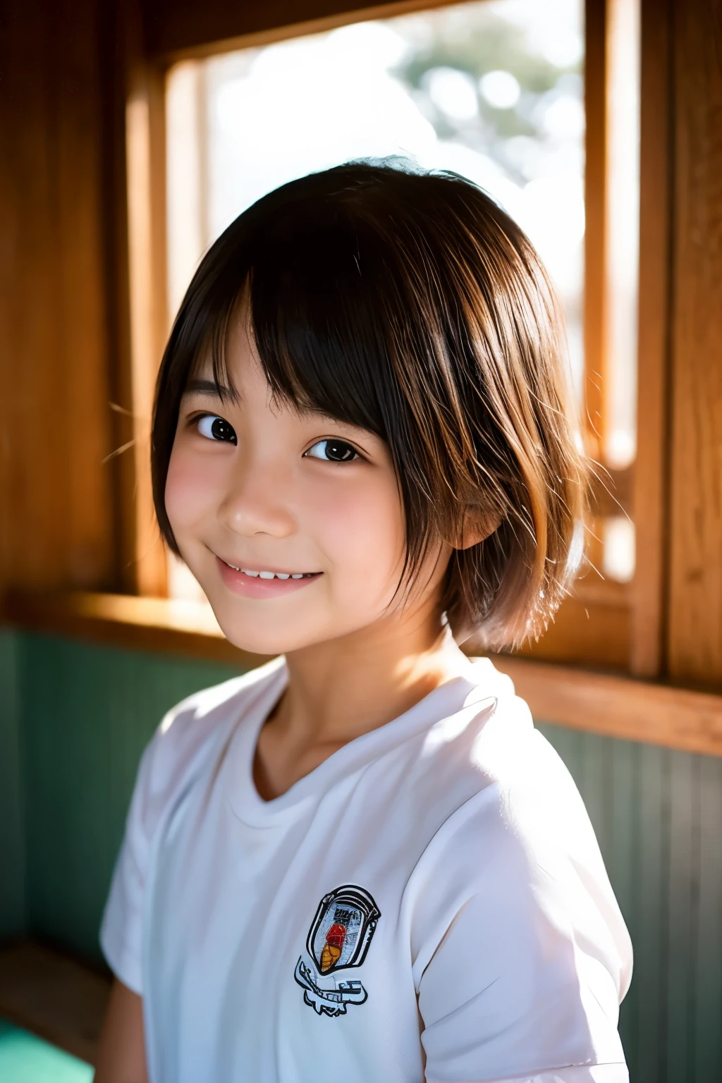 One girl, Shoulder-length short hair,Black Hair,smile, summer,Inside the room,Sitting on a chair,Big eyes,Innocence,Pure Innocence,,Look here,Upper body close-up,Small swelling in the chest,Pink sleeveless button down,transparent, (masterpiece, Highest quality), Soft Light, Structure of the film, Like a movie