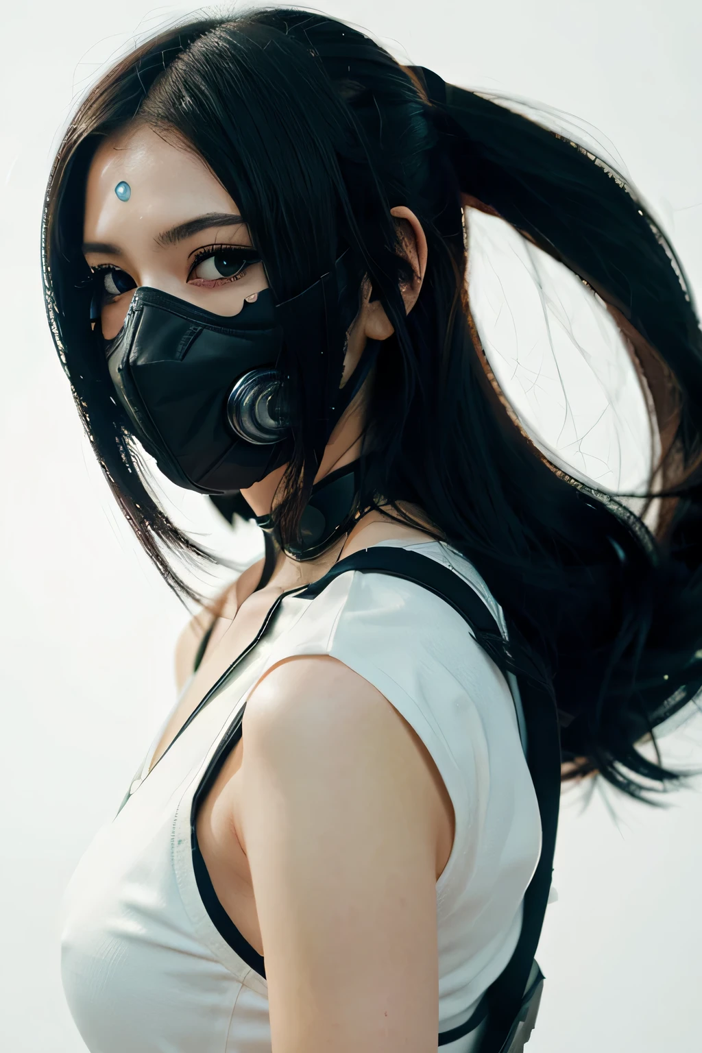 anime manga cute girl, futuristic cyberpunk character in costume with a mask isolated on white background. Japanese manga style