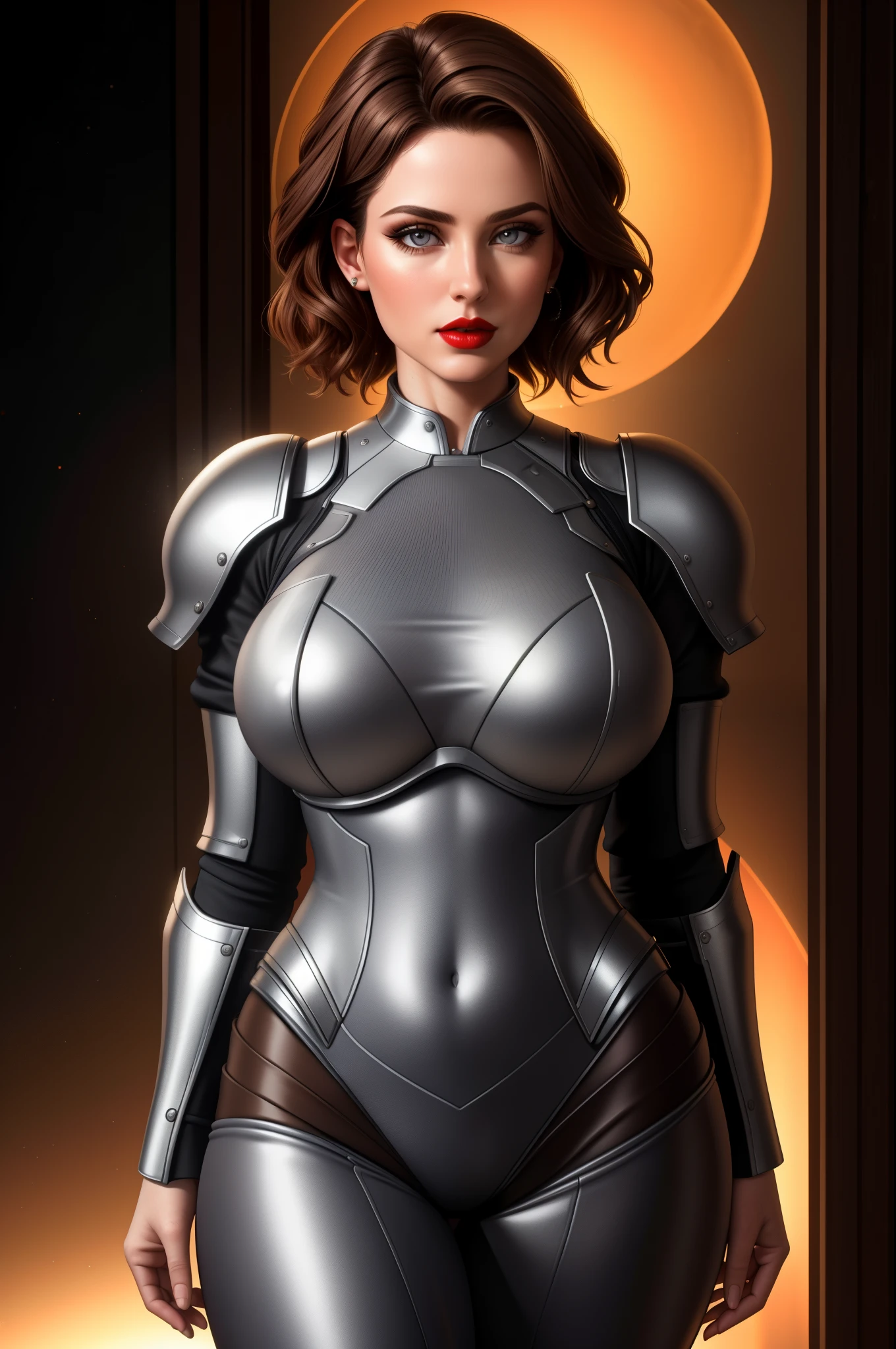 (best quality,4k,8k,highres,masterpiece:1.2),ultra-detailed,(realistic,photorealistic,photo-realistic:1.37),HDR,UHD,studio lighting,ultra-fine painting,sharp focus,physically-based rendering,extreme detail description,professional,vivid colors,bokeh,lady steelheart,armoured woman,young woman,short hair,grey eyes,red lips,full body shot
