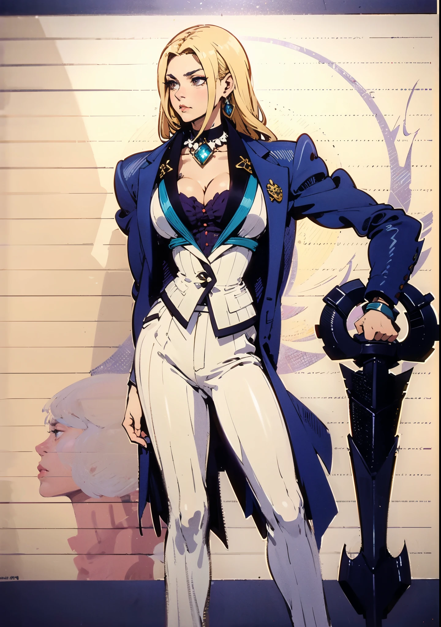 A woman with medium-length golden hair, (features of Native American heritage), distinct facial contours, an oval-shaped face, deep-set eyes, a resolute expression, a small crystal necklace that emits a soft purple glow, a fantasy-realism style gender-neutral striped white suit, the open collar reveals a tight-fitting bustier underneath, matching suit pants, in her left hand holds a sci-fi ancient civilization-inspired anchor-shaped weapon, she stands confidently on a boundless wilderness road, this character embodies a finely crafted fantasy-realism-style bounty hunter in anime style, exquisite and mature manga art style, (perfect body, perfect nose, perfect mouth, perfect eyes), ((Feminine:1.2)), high definition, best quality, highres, ultra-detailed, ultra-fine painting, extremely delicate, professional, anatomically correct, symmetrical face, extremely detailed eyes and face, high quality eyes, creativity, RAW photo, UHD, 32k, Natural light, cinematic lighting, masterpiece-anatomy-perfect, masterpiece:1.5