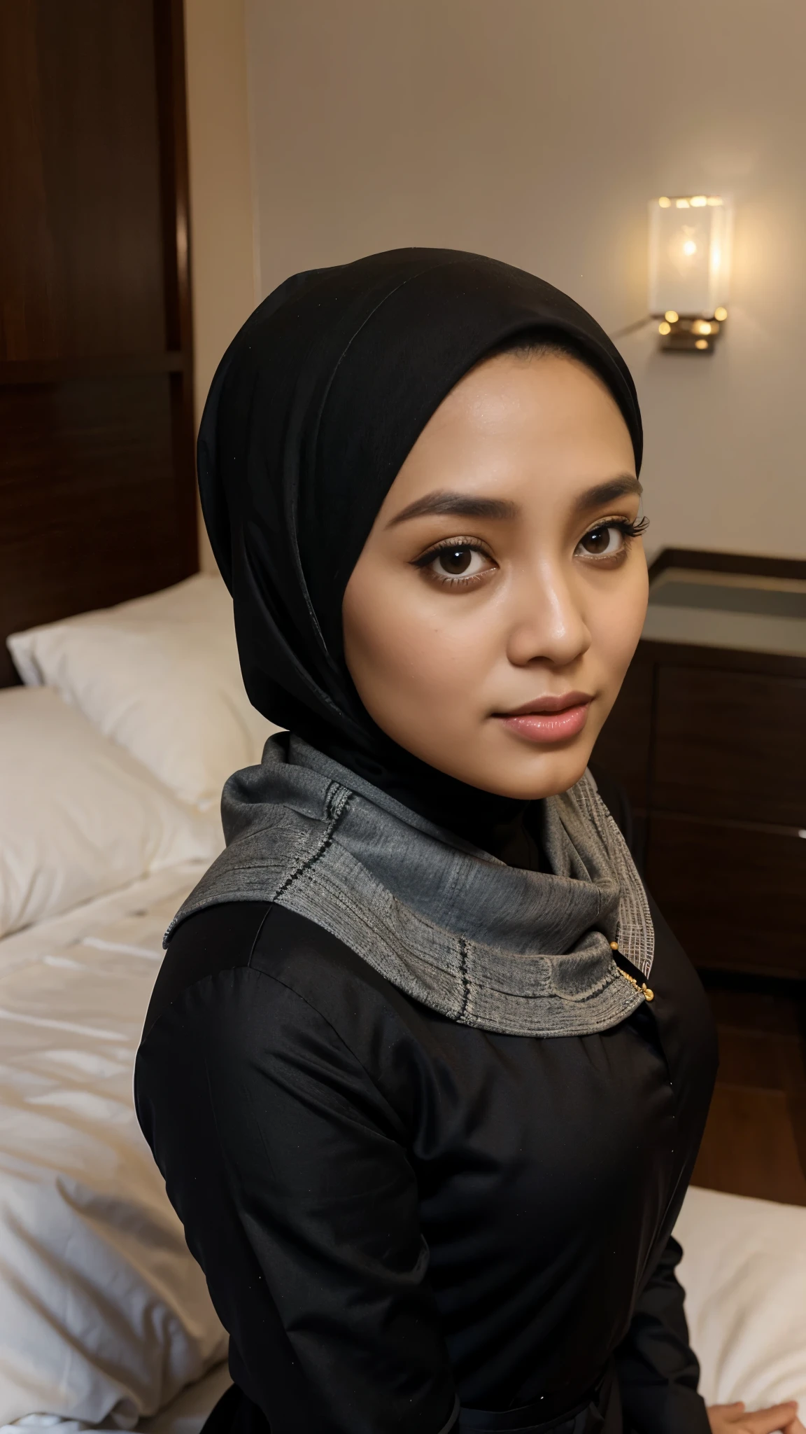 36 years Old, Beautiful Hijab malay , black hijab, Gamis, at bed hotel, 