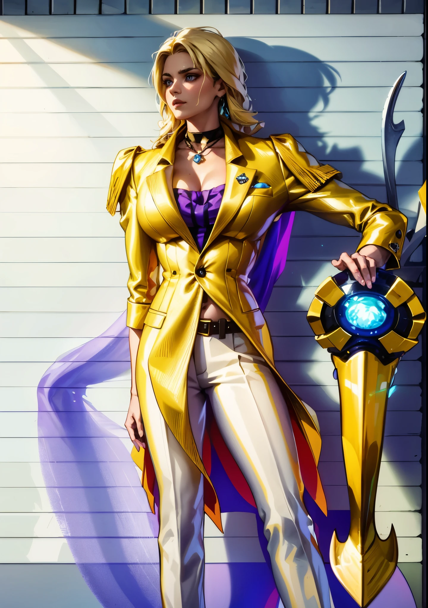 A woman with medium-length golden hair, (features of Native American heritage), distinct facial contours, an oval-shaped face, deep-set eyes, a resolute expression, tall and fit figurea, small crystal necklace that emits a soft purple glow, a fantasy-realism style gender-neutral striped white suit, the open collar reveals a tight-fitting bustier underneath, matching suit pants, in her left hand holds a sci-fi ancient civilization-inspired anchor-shaped weapon, she stands confidently on a boundless wilderness road, this character embodies a finely crafted fantasy-realism-style bounty hunter in anime style, exquisite and mature manga art style, (perfect body, perfect nose, perfect mouth, perfect eyes), ((Feminine:1.2)), high definition, best quality, highres, ultra-detailed, ultra-fine painting, extremely delicate, professional, anatomically correct, symmetrical face, extremely detailed eyes and face, high quality eyes, creativity, RAW photo, UHD, 32k, Natural light, cinematic lighting, masterpiece-anatomy-perfect, masterpiece:1.5