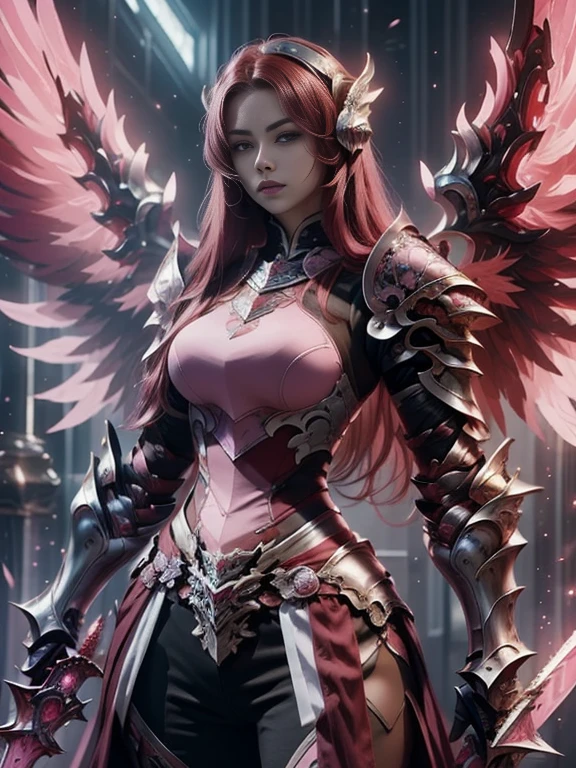 (masterpiece, best quality:1.2), Character design, ((1 girl, solo)), warrior of xian, slim body, medium chest, skinny waist, ((long deep red hair)). blue eyes. (((pink fantasy armor a female knight in a pink full armor))), (((big pauldrons, intricate details))), (((large armor wings))), (((advanced weapon fantasy plasma sword in right hand))), (standing), (((side body view))), plain gray background, masterpiece, HD high quality, 8K ultra high definition, ultra definition,