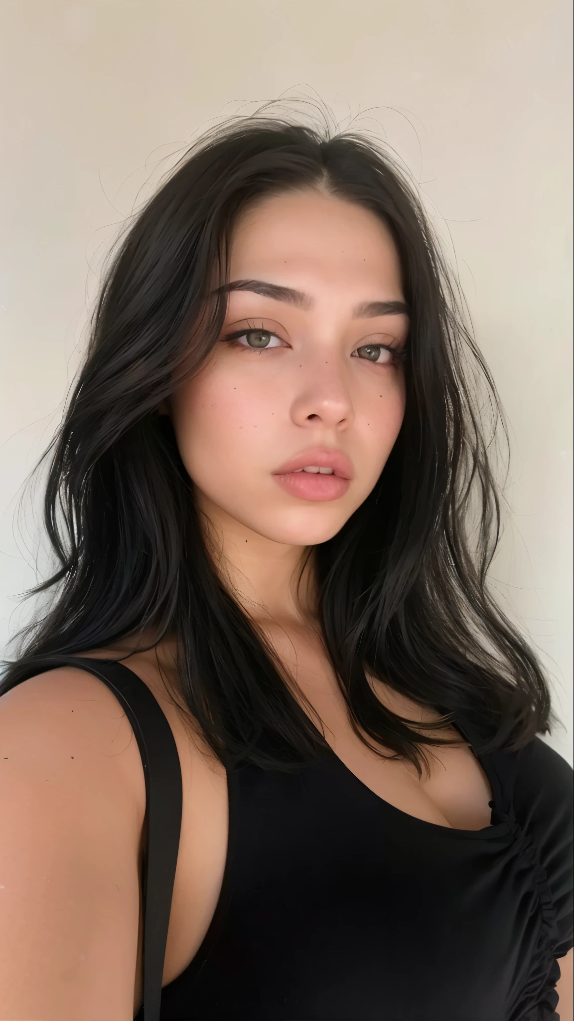 un primer plano de una mujer con cabello largo y negro y un top negro, Retrato de Sophie Mudd, cara perfecta ), Cara extremadamente hermosa, Kailee Mandel, anastasia ovchinnikova, pelo negro y ojos grandes, hermosa cara latina, violeta myers, cara hermosa y atractiva, 18 years, sexy girl with dark brown hair, hermosa cara atractiva, ๐คค girl portrait