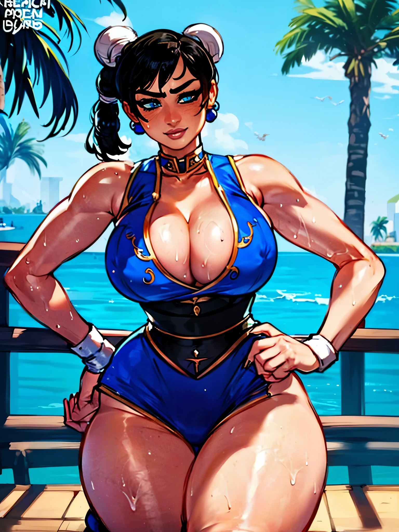 ((Chun li)), 1 Girl with short black hair, blue eyes, perfect face, detailed and beautiful body, she is in an amusement park alone, ((perfect body)), ((work of art)), ( (best quality)), (detailed)