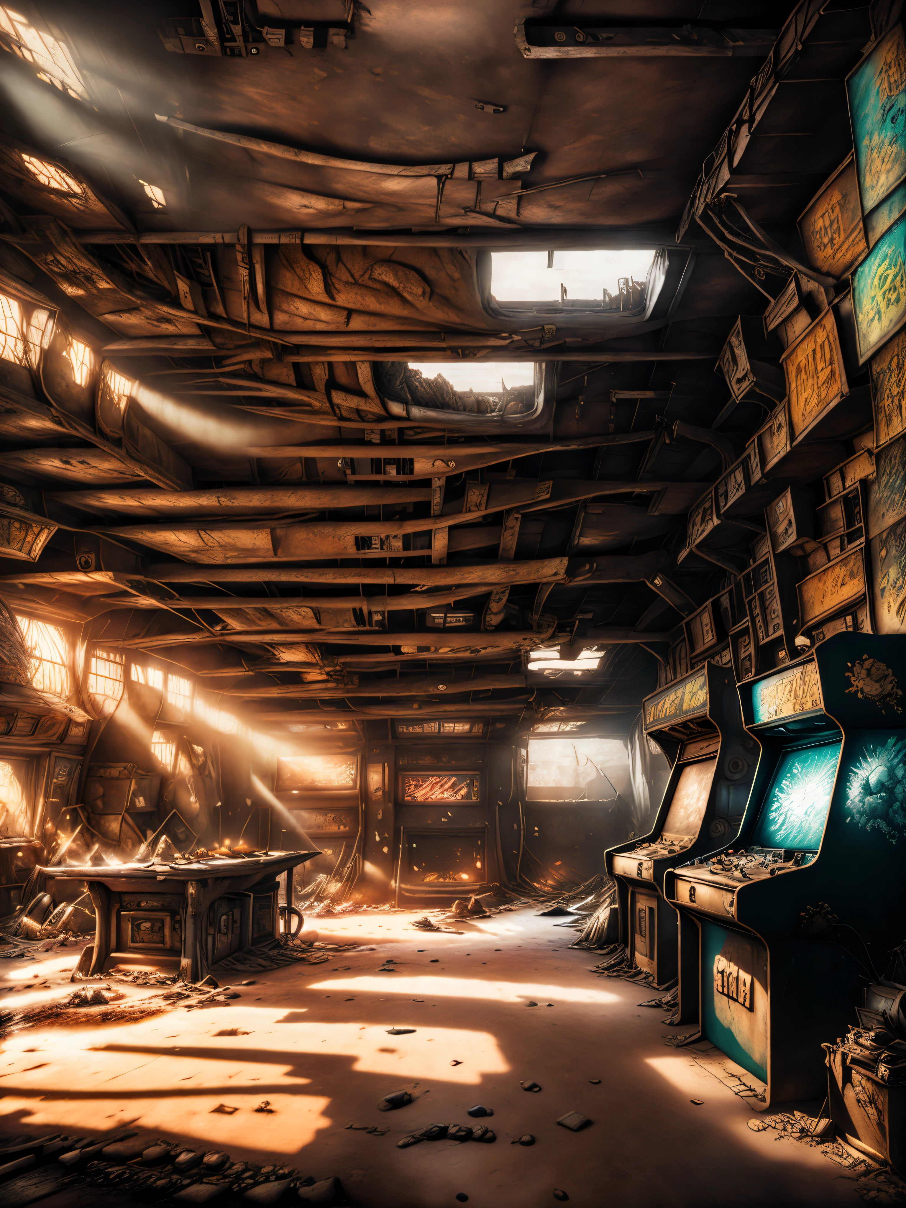 post apocalyptic_brincar_zona , a room with several machines, Filip Hodas, unreal engine render, a 3D render, Neogeo, street fighter , ryu, ken,