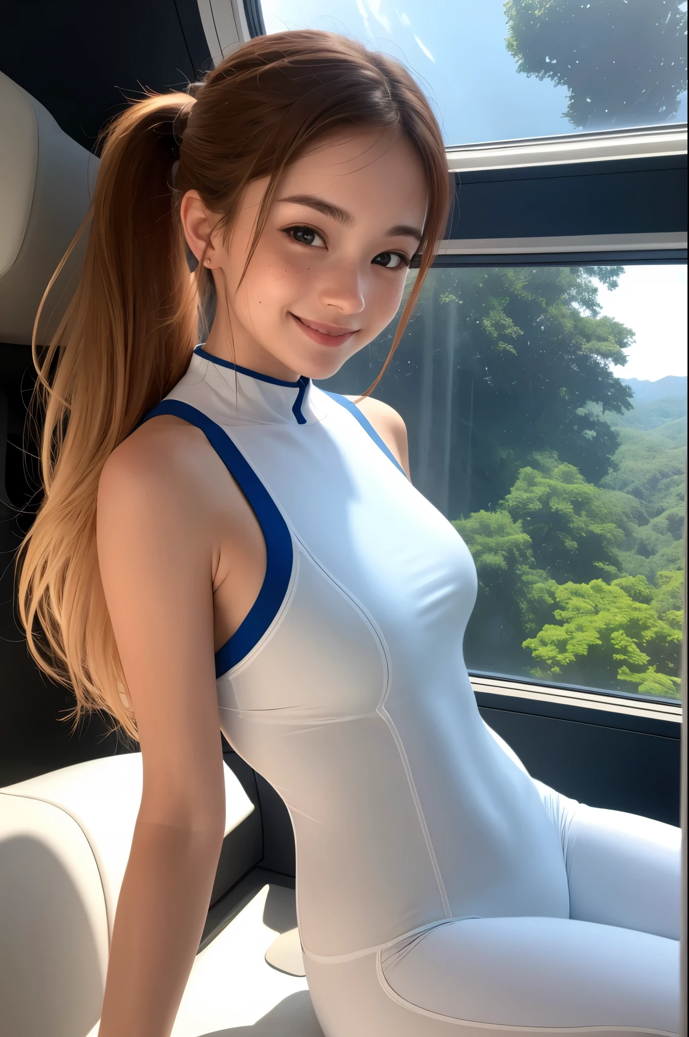 8K, Best quality, Real picture, Intricate details, Ultra-detailed, A high resolution, Depth field,(Photorealistic,Realistic:1.2),masterpiece, 0.25 :: Close-up , straight shot , From middle , 1girl in, an extremely beautiful 18-year-old french girl, mature looking, perfect glossy shiny skins, Flawless skin, Fair skin, Huge round breasts, Narrow waist, Light blush, Solo, view the viewer, light smile, Smile face, in a spaceship in front of a bay window of earth, we can see the jungle through a bay window, wearing a futuristic spacesuit, (Sleeveless), Smile face, angle of view, ponytail, rough face, freckles, fit body, orbiting earth, hand between her legs