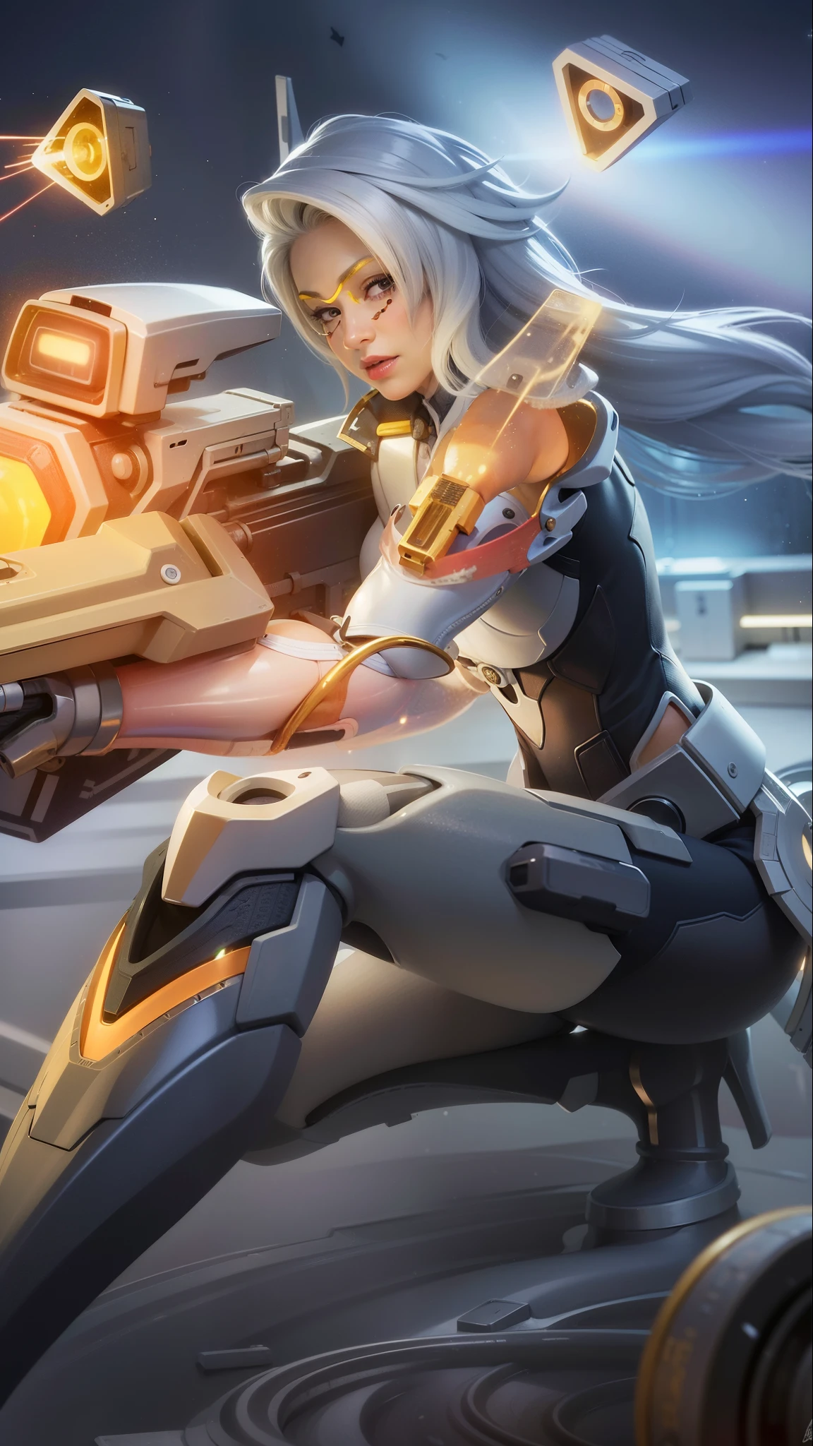 a close up of a woman with a gun in her hand, white long hair, red lips glossy, 8k, ultra hd, ultra detailed texture, hyper realistic, masterpiece, detailed texture, detailed face, detailed skin, detailed lighting, (photorealistic:1.5), best quality, beautiful lighting, cinematic lighting, professional lighting, ultra highres, realistic, detailed hair, real hair, high quality, (realskin:1.5), extremely detailed, finely detail, ultra-detailed
