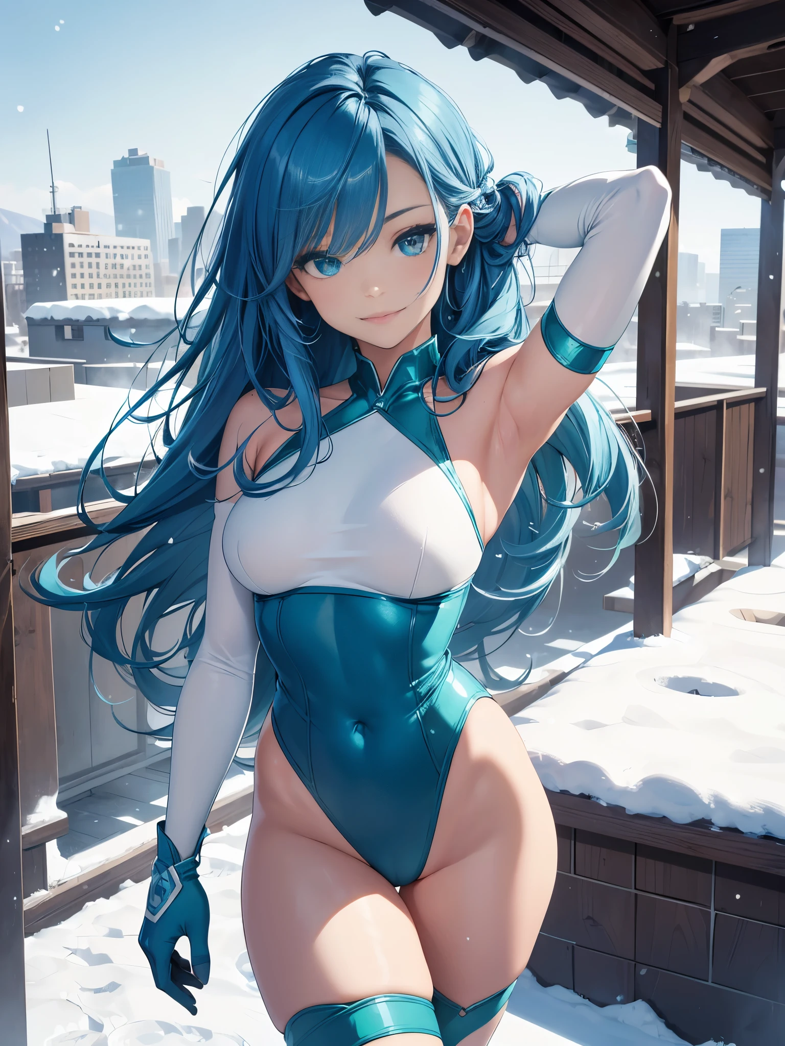 best quality, 32k, RAW photo, incredibly absurdres, extremely detailed, delicate texture, intelligent beauty, medium hair, (armpit-length hair, blue hair), aquamarine eyes, hair over one eye, (blue leotard with green accents), (tight belt), matching gloves, matching boots, ankle boots, playful, cute smile, closed mouth, outside office balcony, (body infused with frost, body infused with snow)