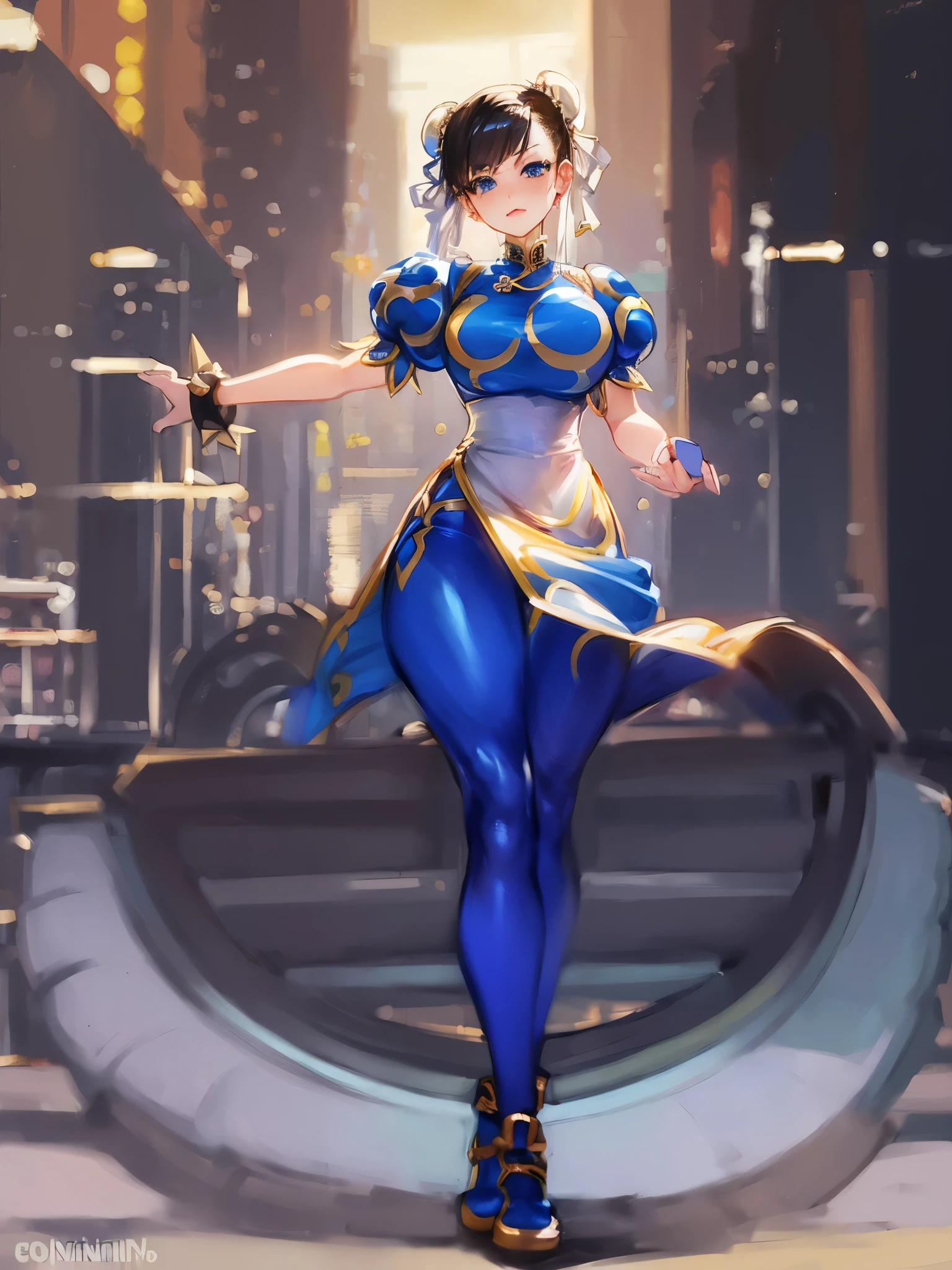 ((Chun li)), 1 Girl with short black hair, blue eyes, perfect face, voluminous body and slightly thin hips, she is in an amusement park alone, ((perfect body)), ((work of art)) , ((best quality)), (detailed)