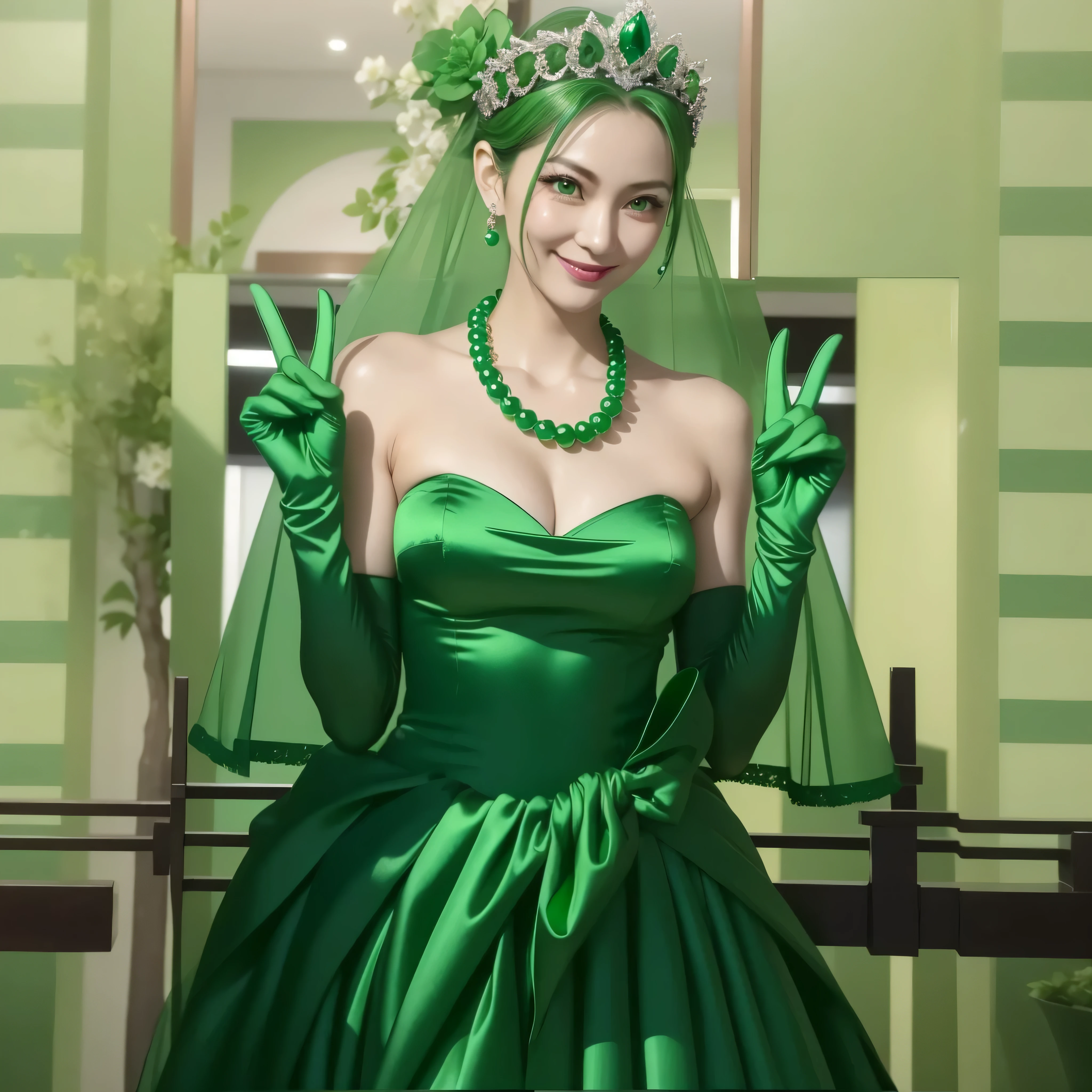 Beautiful Japan woman in her 30s， finger details， beautiful hands，emerald tiara, green pearl necklace, Boyish green berry short hair, lipstick, smiling Japanese woman, very short hair, big breasts beautiful, green eyes, green satin long gloves, green eyes, emerald earrings, green veil, V sign