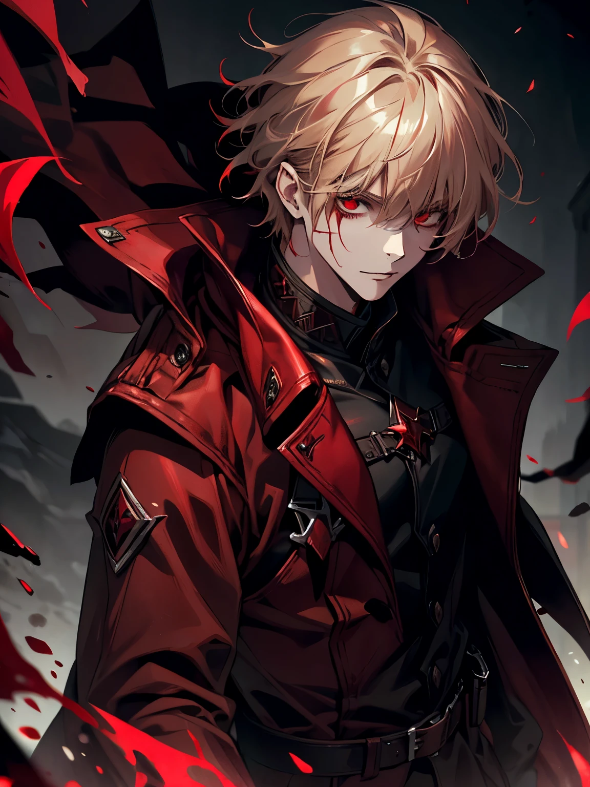 Solo, male, red coat, red eyes , straight facial, short Length hair, with bangs, blonde and gradiant black streaks color, blood magic, blood