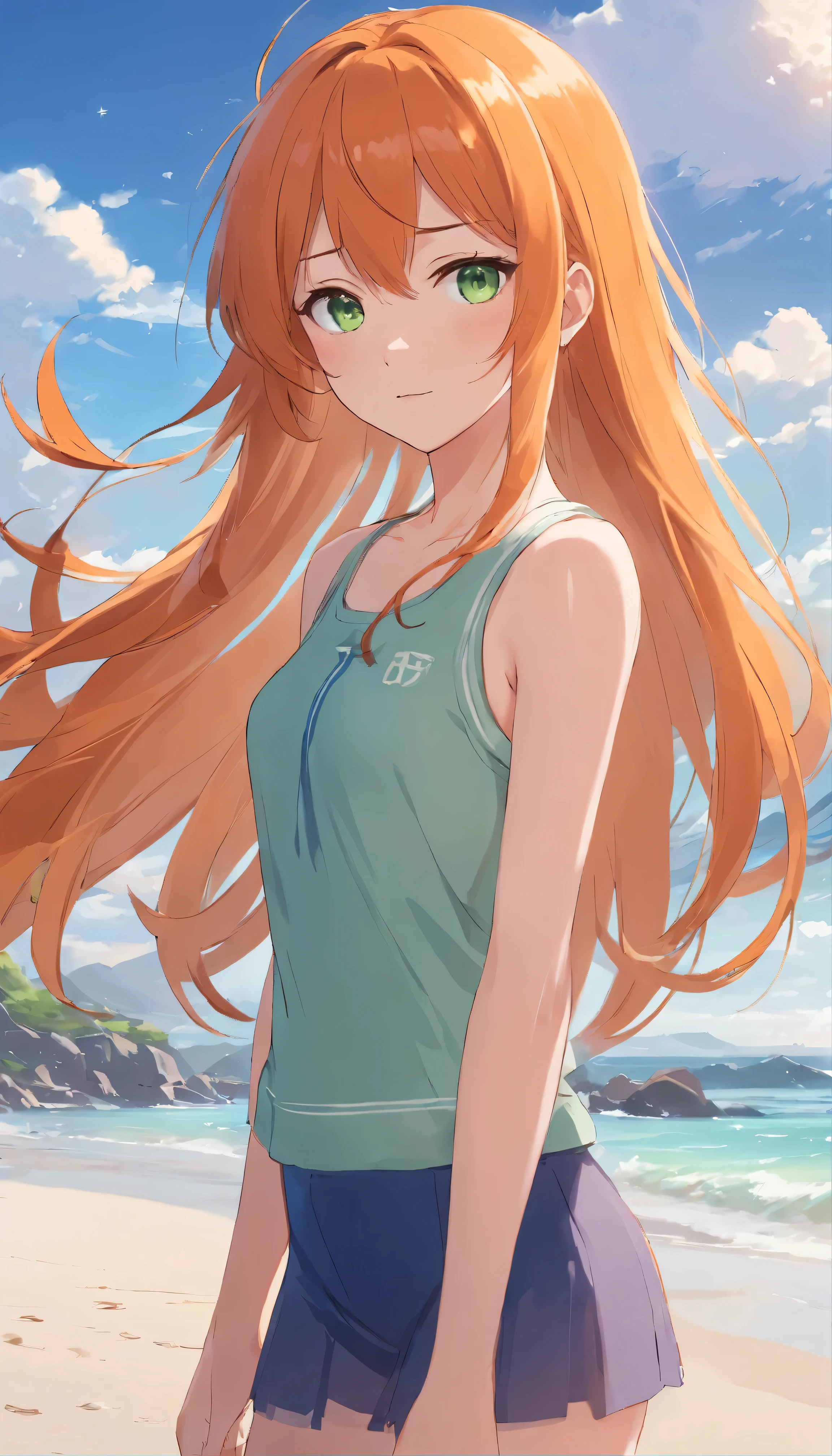 Anime girl with long orange hair, standing on the beach near the ocean, green eyes detailed digital anime art, anime girl with long hair, гладкое аниме cg art, anime girl with long hair, digital anime art, work in Guweiz style, Beautiful anime portrait, Photorealistic render of an anime girl, pantyhose, Beautiful anime girl, advanced digital anime art, guweiz на artstation pixiv HD UHD HQ