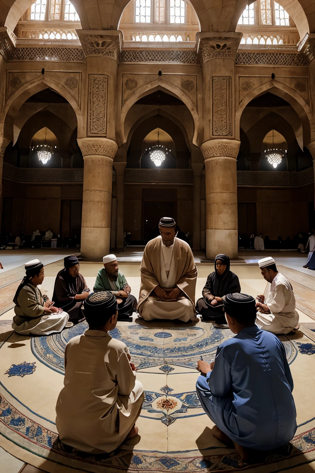 A group of learned scholars, dressed in traditional islamic robes, gather in a circular formation within a grand mosque, imparting wisdom to a young 5-year-old student who sits attentively at the center of the gathering.