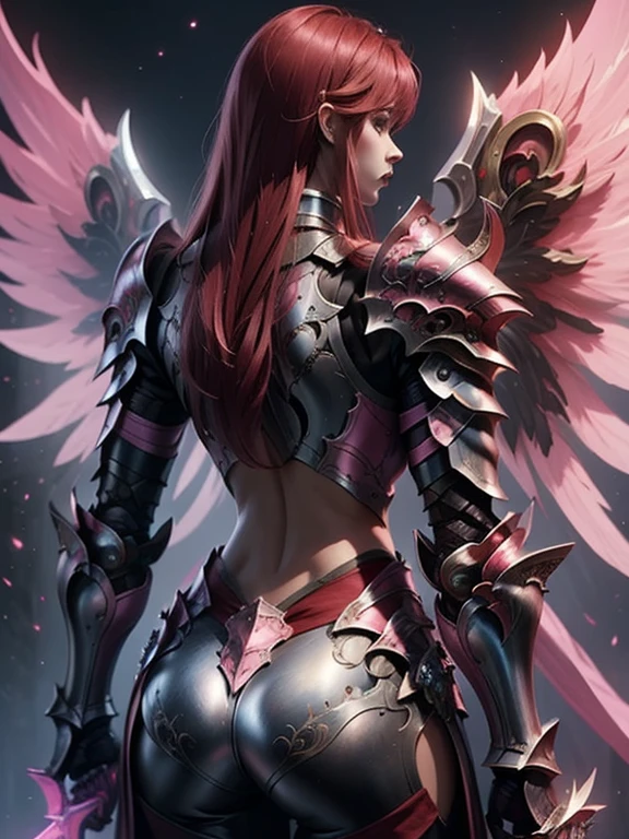 (masterpiece, best quality:1.2), Character design, ((1 girl, solo)), warrior of xian, slim body, medium chest, skinny waist, ((long deep red hair)). blue eyes. (((pink fantasy armor a female knight in a pink full armor))), (((big pauldrons, intricate details))), (((large armor wings))), (((advanced weapon fantasy plasma sword in right hand))), (standing), (((back body view))), (((back body view))), plain gray background, masterpiece, HD high quality, 8K ultra high definition, ultra definition,