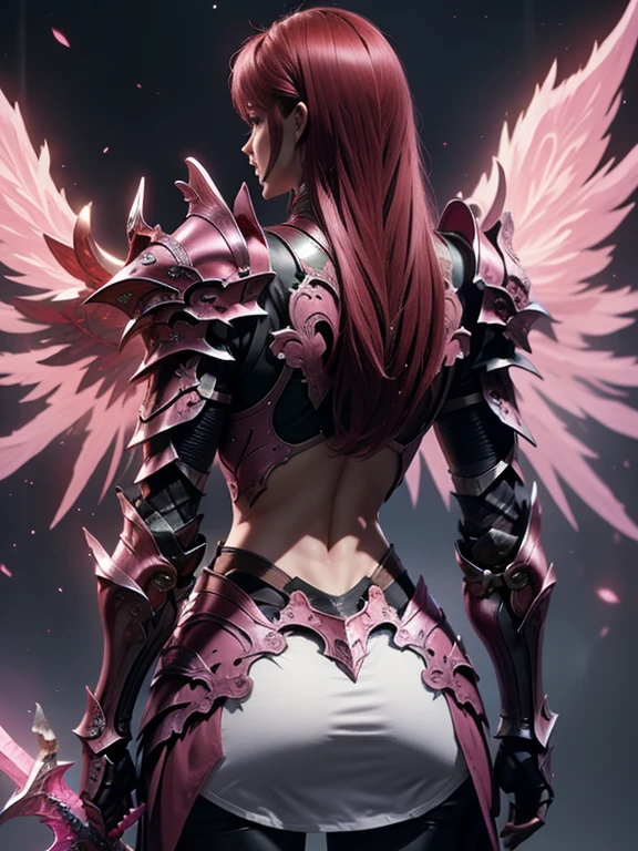 (masterpiece, best quality:1.2), Character design, ((1 girl, solo)), warrior of xian, slim body, medium chest, skinny waist, ((long deep red hair)). blue eyes. (((pink fantasy armor a female knight in a pink full armor))), (((big pauldrons, intricate details))), (((large armor wings))), (((advanced weapon fantasy plasma sword in right hand))), (standing), (((back body view))), (((back body view))), plain gray background, masterpiece, HD high quality, 8K ultra high definition, ultra definition,