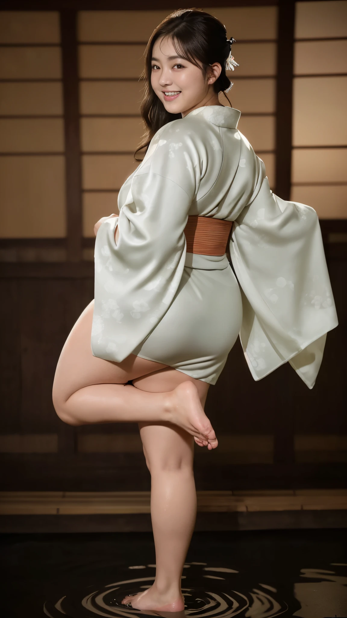 、1 woman、little man, g your forehead on the floor and bowing shyly, Squatting down with legs wide apart、crew cut, Wear a white loincloth in Japanese style, Topless, barefoot, shy, bowl leg, On the ring, Sumo, high detail photo, masterpiece、detailed nipples、obese body、flowing sweat、grim expression