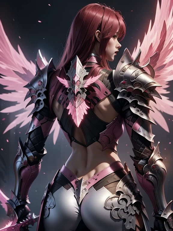 (masterpiece, best quality:1.2), Character design, ((1 girl, solo)), warrior of xian, slim body, medium chest, skinny waist, ((long deep red hair)). blue eyes. (((pink fantasy armor a female knight in a pink full armor))), (((big pauldrons, intricate details))), (((large armor wings))), (((advanced weapon fantasy plasma sword in right hand))), (standing), (((back body view))), (((back body view))), plain gray background, masterpiece, HD high quality, 8K ultra high definition, ultra definition,