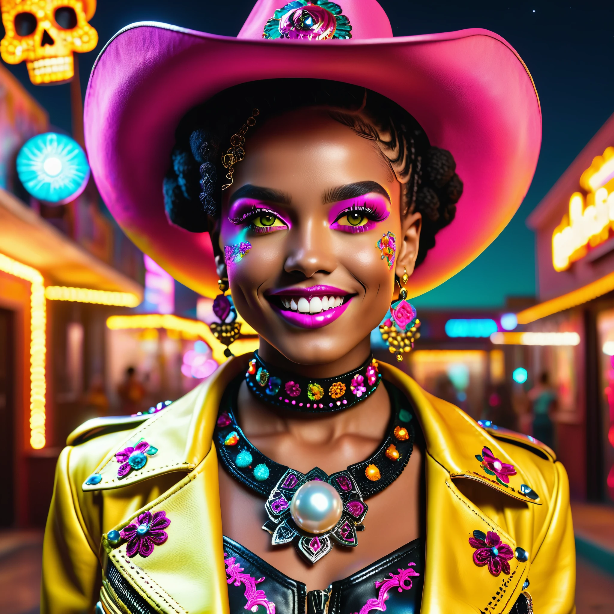 African Retro Dance Stage gorgeous pin up emo Amber (Afro short-bulb dreads frange pink epic brights eyes Ultra-detailed eyes) (gorgeous sassy it girl) fancy jewelry onyx (((magical Lys ❤top❤ pearl spinel hard-leather opal jacket tiny chest))) (perfect BridalDress "Dia De Los Muertos" Style symmetrical meticulously intricate textile shading) ((retro style, vibrant Yellow-Saffron trousers, paired flawlessly with a striking Tape logo❤ patch-detail ❤belt❤, y2k)) ((striking a pose)) (((max Best Quality))) (((tmasutepiece))) (((Ultra-detailed CG epic unrealengine5))) full glow on background sparkling led retro vibe light tourmaline, light retro laser magic disco light led strong_80s_atmosphere (DiscoBall-Earth : Globe-Hearth), cowboy smile shot teeth, midshot, centered image, absolutely outstanding equirectangular deep path beholder skeleton glow eyes beholder, ultra high-resolution, ultra high-definition, UHD, HDR, saturate, reflection, varied multi etc. --v6 --s1000 --c20 --q5 --chaos100