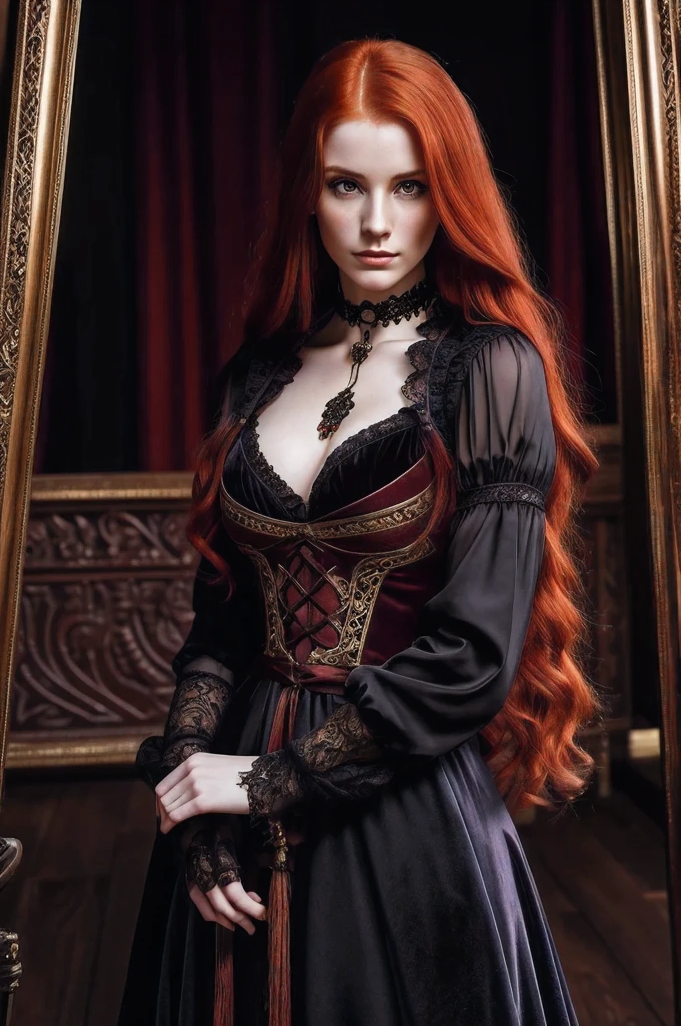 Photo of a woman with red hair and a death grip in a black dress, John Collier's Art Style, Virgo with copper hair, Style by Karol Buck, Young Redhead, portrait of a young witch, No Bowwater Art Style, Stage Director: Roberto Lankiewicz, Geraldo Brohm, Alberto Lynch, portrait of princess merida, Dave Sim, Red-haired girl in a dark palace, Black and purple velvet dress in a kokoshnitsa, Luxury Gypsy Clothing, Head Decoration, lace choker, tmasterpiece, topquality, (Odin), (a perfect face: 1.3), (higly detailed: 1.2), dramatic, 1girl, Angel, (Pale-skinned), Long red hair, dark red hair, (Huge-breasts), light eyebrows