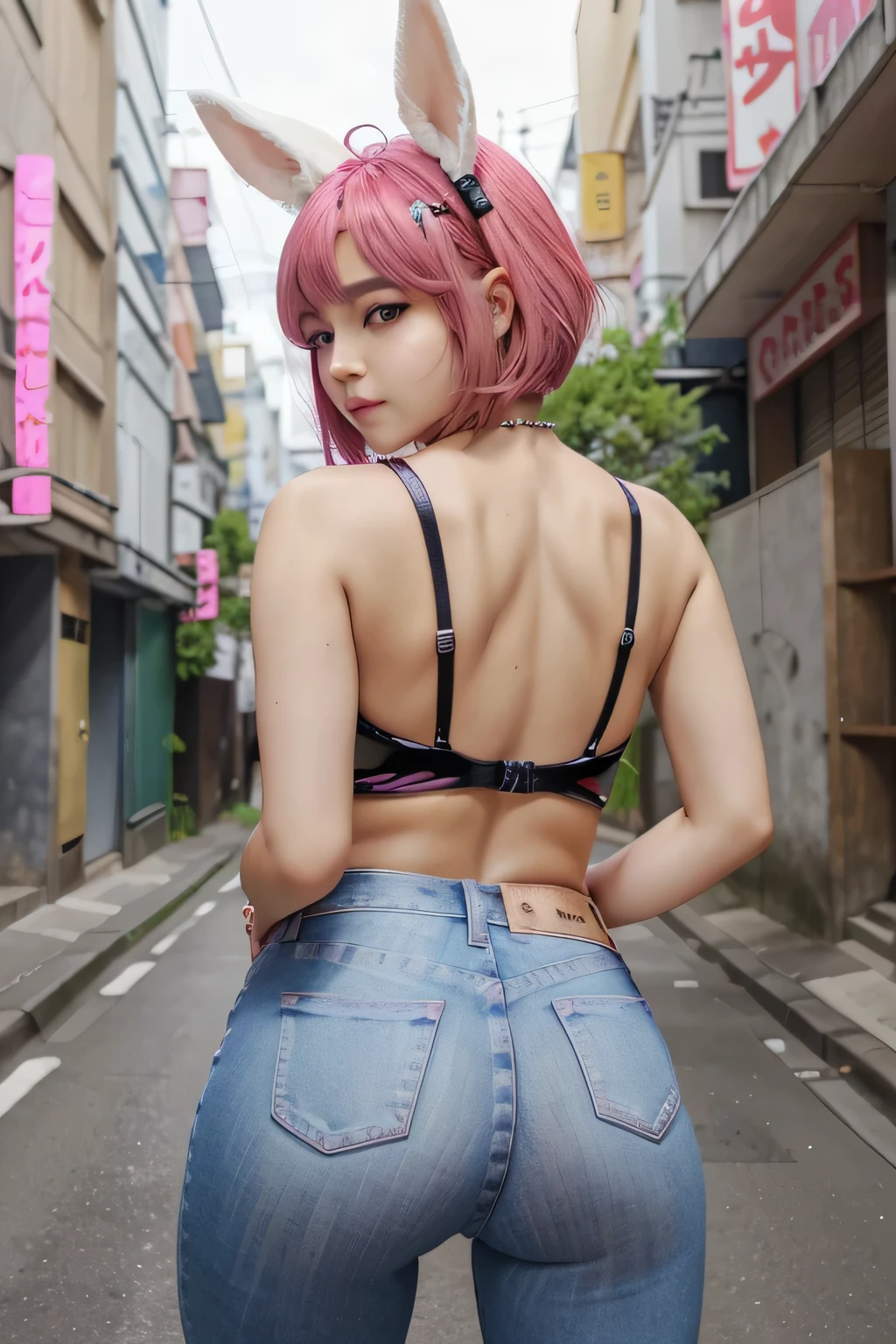 Callejones en Tokio、ciudad de noche、Neon Street、Deportivo、Jeans cortos、cabello rosado、Orejas de conejo realistas、orejas de conejo cabello rosado saliendo de la cabeza,,,,,,,,,、sonrisa、Fascinating atmosphere、Manos con hermosas formas、k-pop、Orejas de conejo rosa、1 chica en、solo、 obra maestra、de primera calidad、realisitic、Hiperdetalle、(piel brillante:1.4)、absurdo、pelo corto rosa、Bellezas esbeltas、dynamic lighting、high resolution、sharp focus、profundidad de campos、(grueso apretado:1.0)、un delgado :1.2、:1.5、((Cabello bob corto))、((k-pop:1.3))、Textura facial y de piel muy detallada.、((encantador))、Anatomically correct number of fingers.、correct anatomy、angle from below