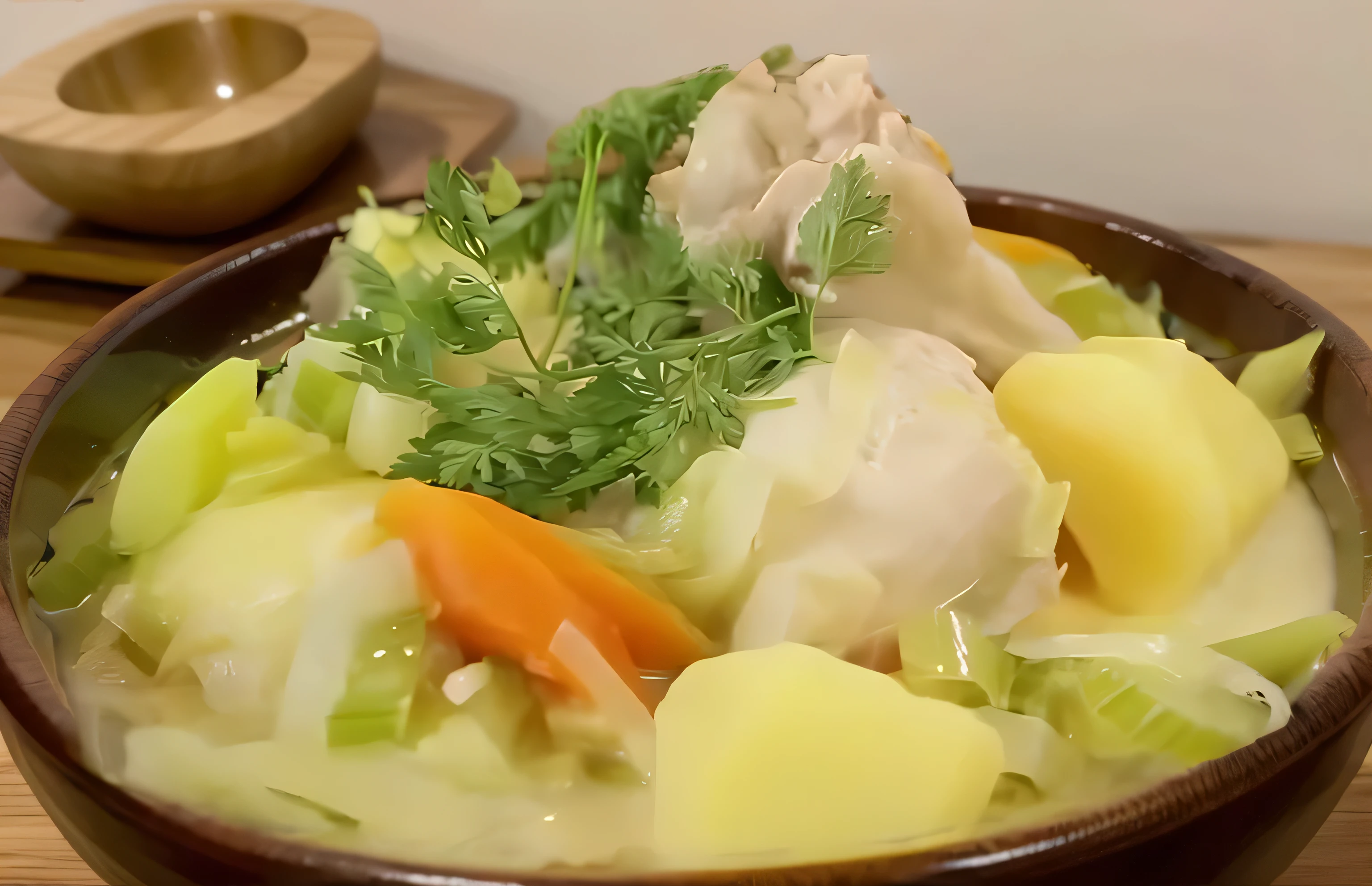 there is a bowl of soup with meat and vegetables in it, easy, soup, stew, chicken, inspired by Géza Dósa, aspic, good soup, cuisine, looks realistic, celebration, realistic footage, sougetsu, bottom angle, yummy, inspired by Władysław Podkowiński, rendering, bone