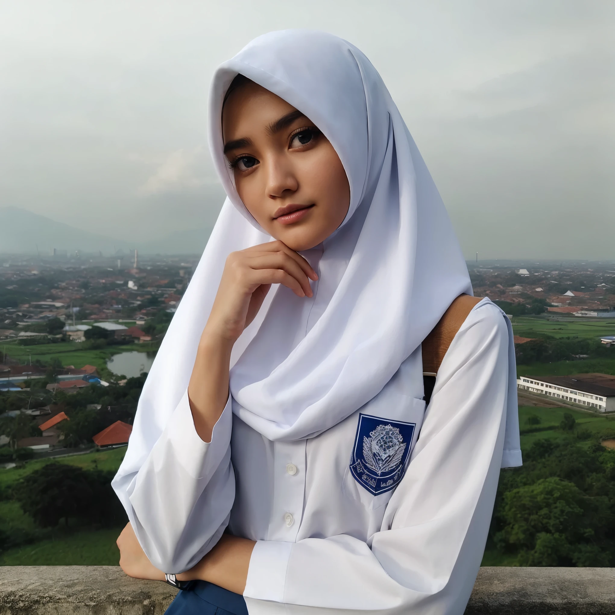 Best quality,masterpiece,ultra high res,(photorealistic:1.4)1girl,Anastasia Kadir 1girl, [Salsabila|Putri|Nabila], hijab, instagram, sma girl, sekolah menengah atas, school girl, merapi, indonesia, perfect poses, perfect breast, beautiful poses, seductive, wearing sma clothes, sma clothes, wearing school uniform, school clothes