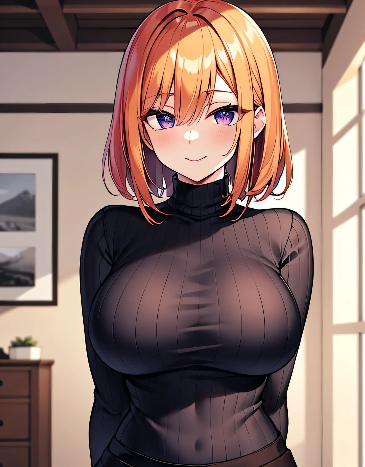 orange hair,medium hair,purple eyes,ribbed sweater,indoor,mini skirt,(big breasts:1.5),shiny,hair,((alone)),((masterpiece)),((highest quality)),perfect anatomy,slim waist,perfect image,8k uh,(detailed and beautiful eyes:1.5),highly detailed face,Are standing,(Upper body:1.1),(look ahead:1.1),back arm,Super detailed,disorganized,High resolution,smile,