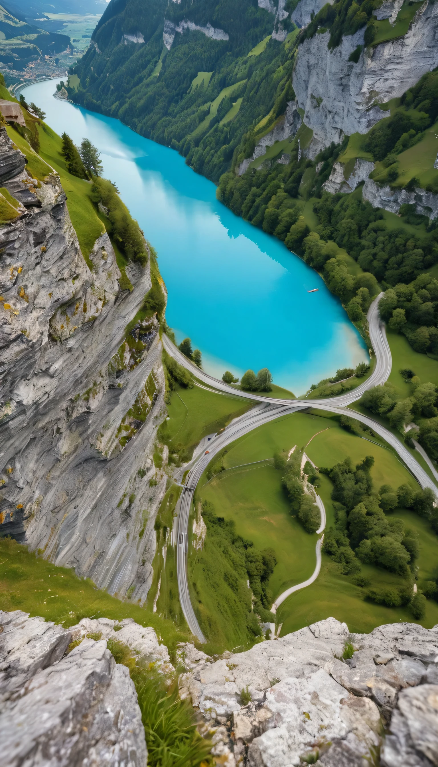 somewhat close-up professional photography taken from atop a mountain somewhere in Switzerland, overlooking a gorge and a blue lake below