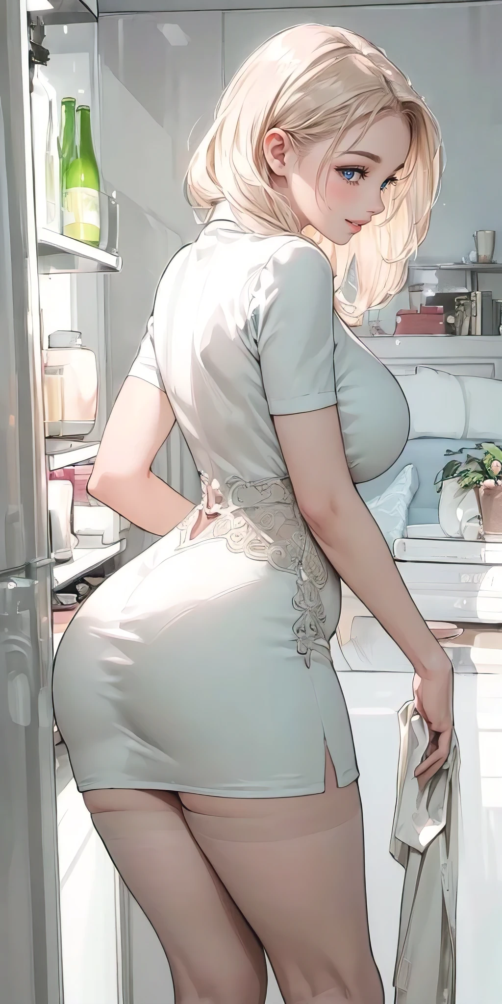 (best quality, masterpiece, ultra-detailed, highres, realistic:1.37), full body, curvaceous well-endowed beautiful japanese girl with big gorgeous eyes, digital illustration, huge breasts, slim waist, wide hips, thick thighs, relaxing at the sofa, grand hotel living room, intricate lingerie, thighhigh socks, eye-catching composition, soft tones, anime realism