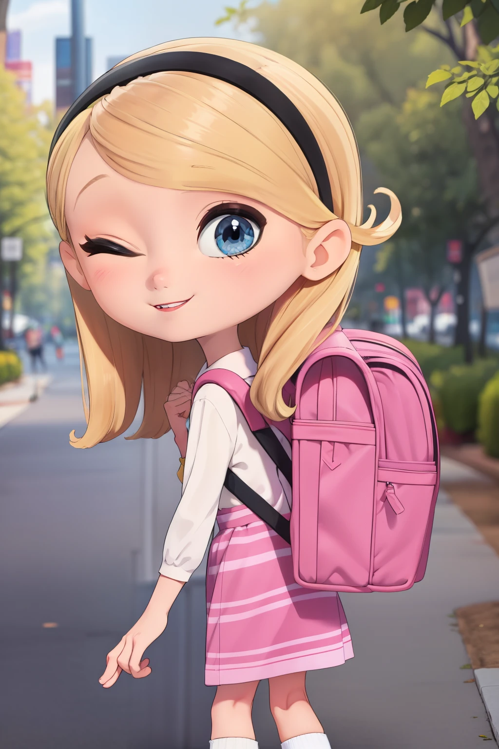 penny peterson, best quality,detailed eyes,((penny peterson)), giggle, giggling, 1girl, solo, cute, beautiful, very young, long blonde hair, hairband, pink dress, blue eyes, red lips, white tube socks, Carrying a backpack, outside, central park, benches, looking at viewer, looking back, close up, excited expression ,brightly sunshine, cute smile, beautiful art, looking at viewer, one eye closed,