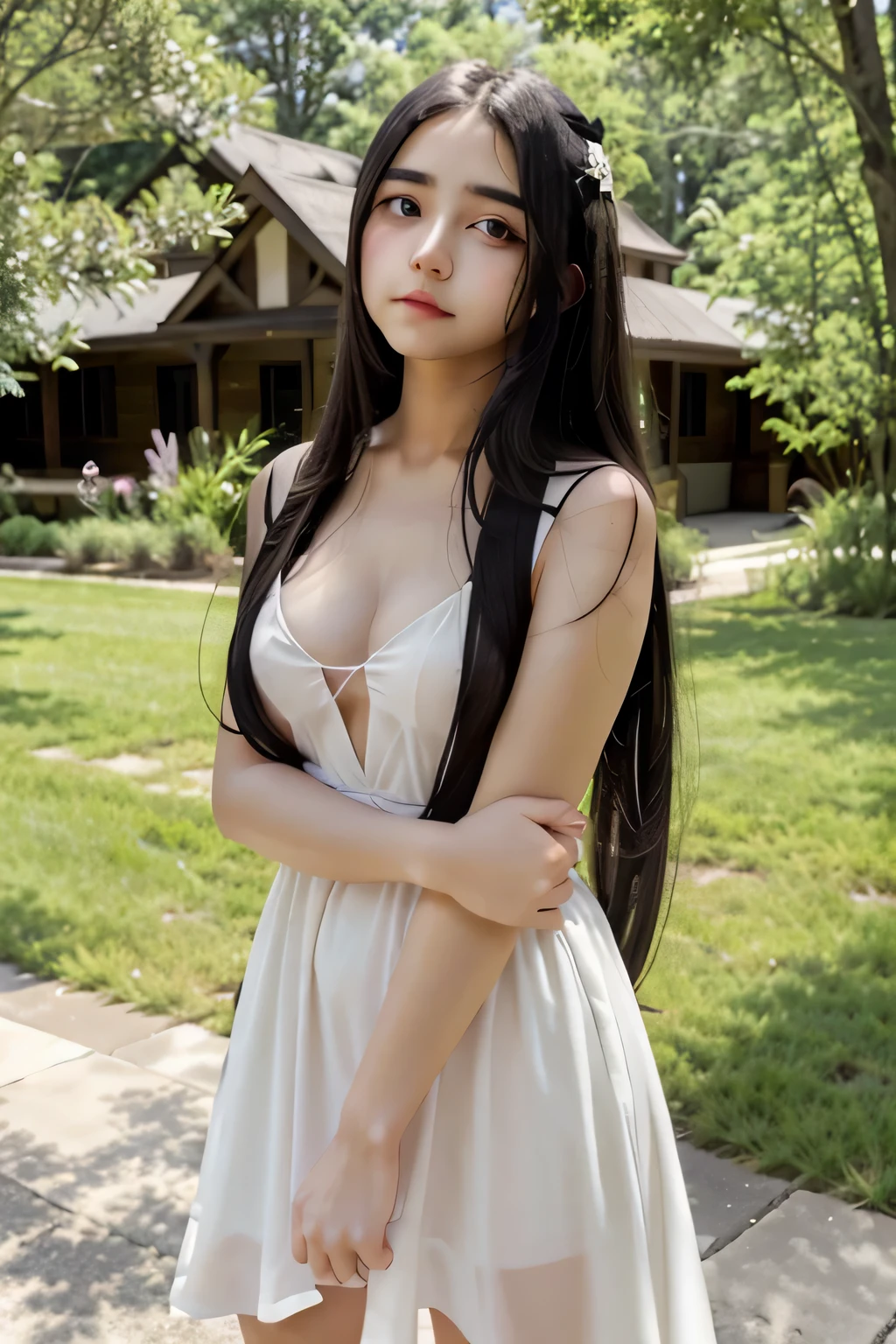 una casa de terror oscura , pretty chica standing in front wearing white long dress face unexpressive pale skin nice body red baloons very beautiful face cute nice body shape hermosa, lugar oscuro, PELO NEGRO, pelo largo, chica, no make up ager rostro femenino、cuerpo femenino、con cara redonda、a small face、mejillas suaveirando a la camara、negligee