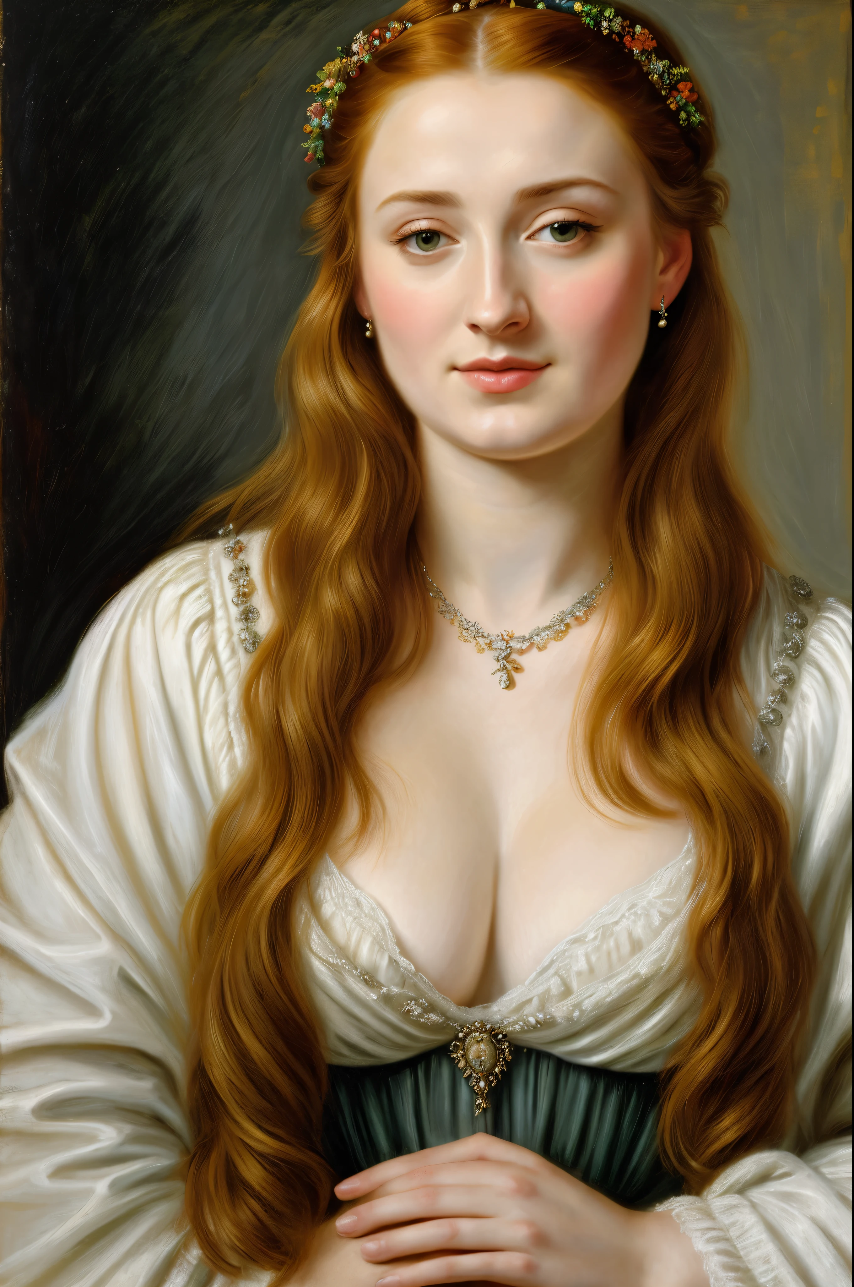 Oil pastel painting, Sansa Stark PLAYED BY SOPHIE TURNER Ned and Cat's oldest daughter. Demure and ladylike, her dream to marry Prince Joffrey. Her direwolf named Lady , Game of Thrones Series, (pele altamente detalhada: 1.2), 8k UHD, DSLR, soft-lighting, alta qualidade, grain of film, Fujifilm XT3, by Peter Paul Rubens, in Peter Paul Rubens style,