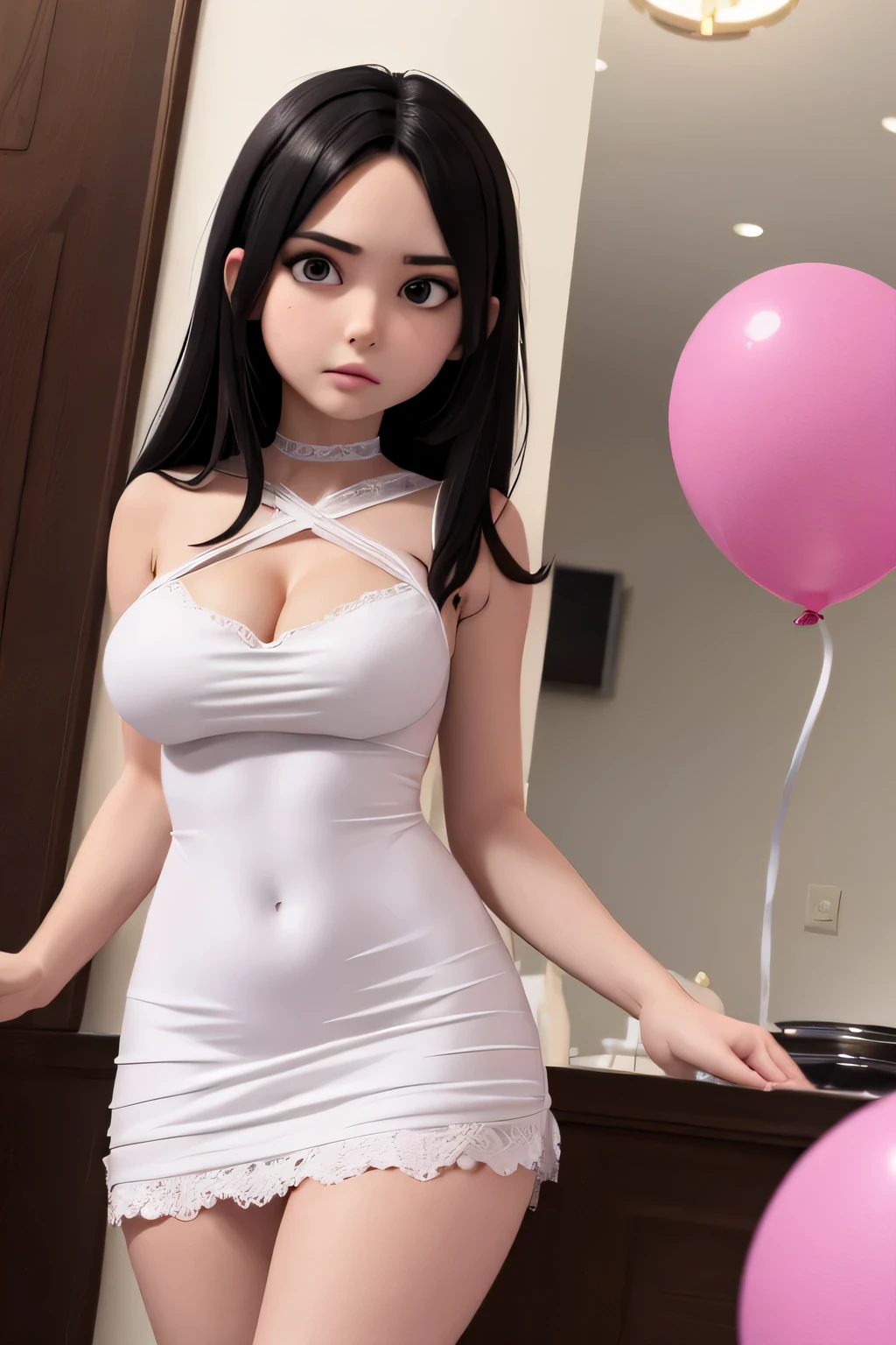 una casa de terror oscura , pretty chica standing in front wearing white long dress face unexpressive pale skin nice body red baloons very beautiful face cute nice body shape hermosa, lugar oscuro, PELO NEGRO, pelo largo, chica, no make up ager rostro femenino、cuerpo femenino、con cara redonda、a small face、mejillas suaveirando a la camara、negligee