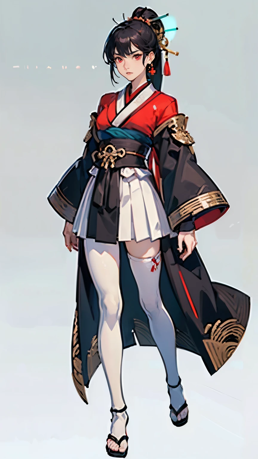 ((masterpiece,best quality,8k,highres)),((character concept art)), 1 female, adult female, warrior, 190 cm height, long straight hair, hime cut hairstyle (plack hair colour), ultra finely detailed eyes (red eyes colour), extraordinary gorgeous, charming, emotionless, no expression, shapely breasts, hourglass body shape ((muscular)), ((intricate detail)), super finely detailed hands, ultra finely detailed fingers(((ten fingers))), japanese kimono,samurai armour (black outfit colour), short pants, white sheer tights(pantyhose), japanese clogs shoes, earrings, necklace, (standing still), (full body showcase), (show full body), (no logos on background), (no logo), ((plain background)), ((plain background)), (((empty background)))