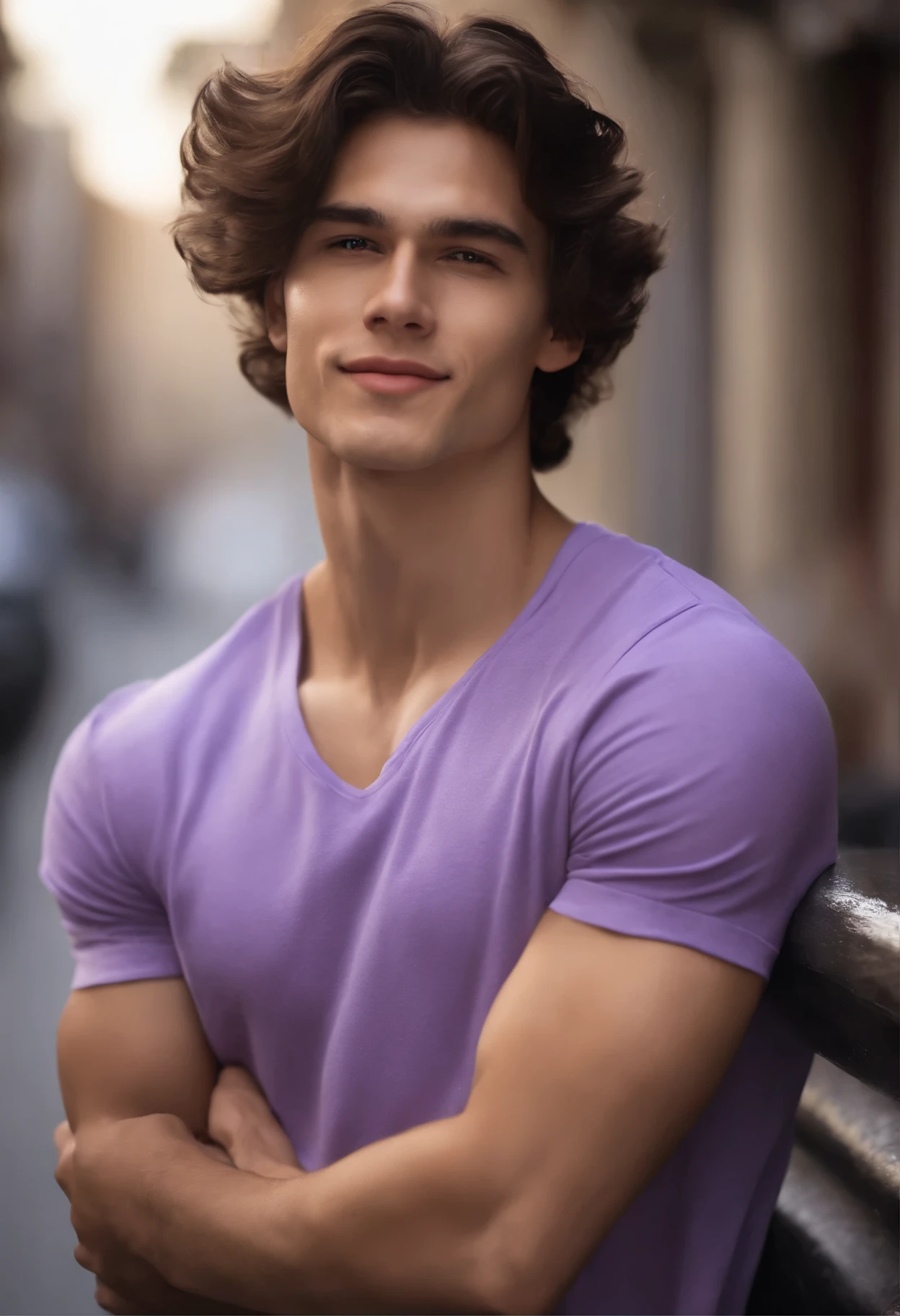 19 year old man with attractive appearance, smiling, dark brown hair, stylish and elegant, T-shirt hugging his body and strong, Man resembling actor Brad pit, (Real image and high quality), the background is a street with small light purple flower prizes on both sides, ((best quality, 8K, masterpiece).