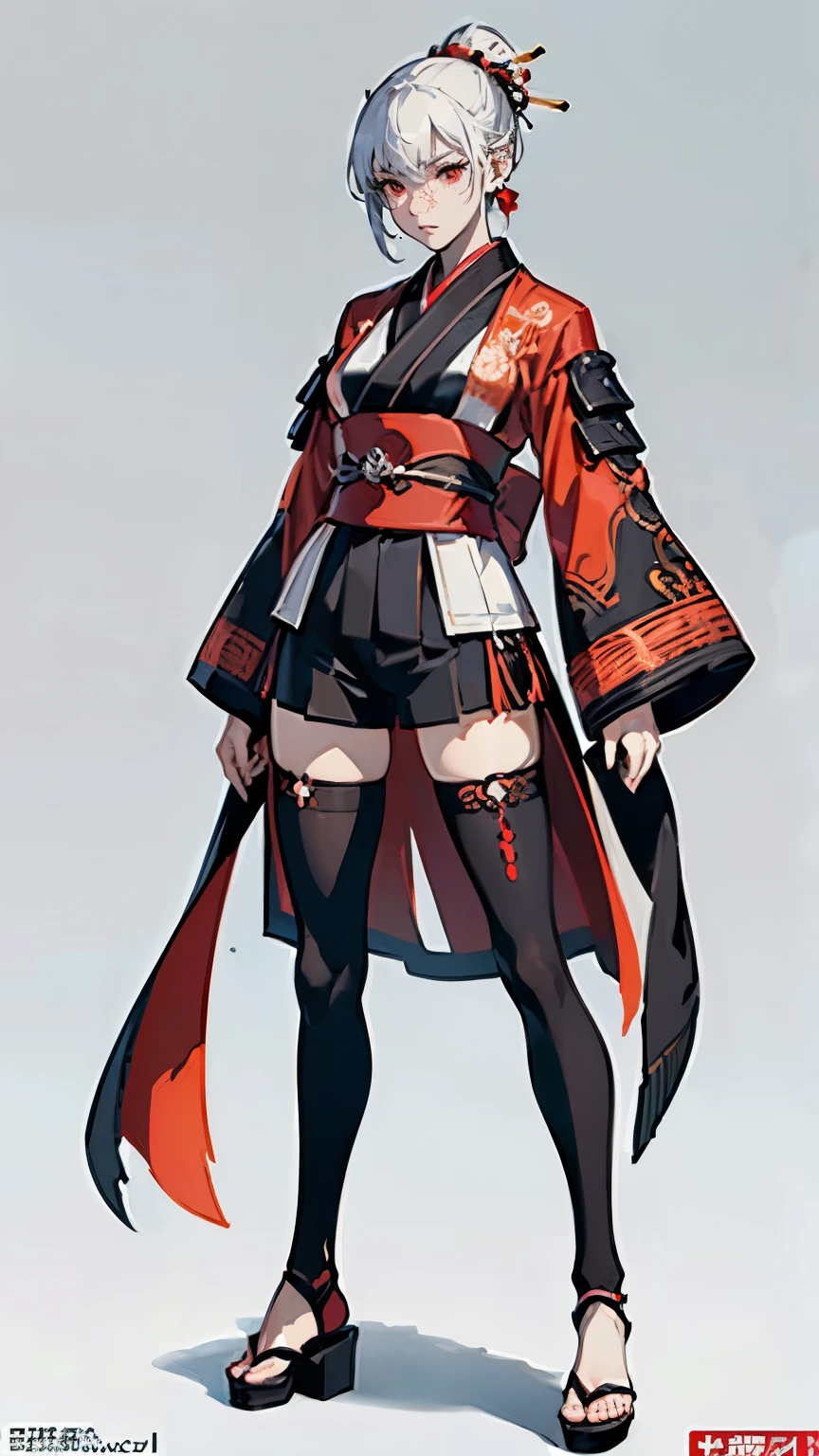 ((masterpiece,best quality,8k,highres)),((character concept art)), 1 female, adult female, warrior, 190 cm height, long straight hair, hime cut hairstyle (plack hair colour), ultra finely detailed eyes (red eyes colour), extraordinary gorgeous, charming, emotionless, no expression, shapely breasts, hourglass body shape ((muscular)), ((intricate detail)), super finely detailed hands, ultra finely detailed fingers(((ten fingers))), japanese kimono,samurai armour (black outfit colour), short pants, white sheer tights(pantyhose), japanese clogs shoes, earrings, necklace, (standing still), (full body showcase), (show full body), (no logos on background), (no logo), ((plain background)), ((plain background)), (((empty background)))
