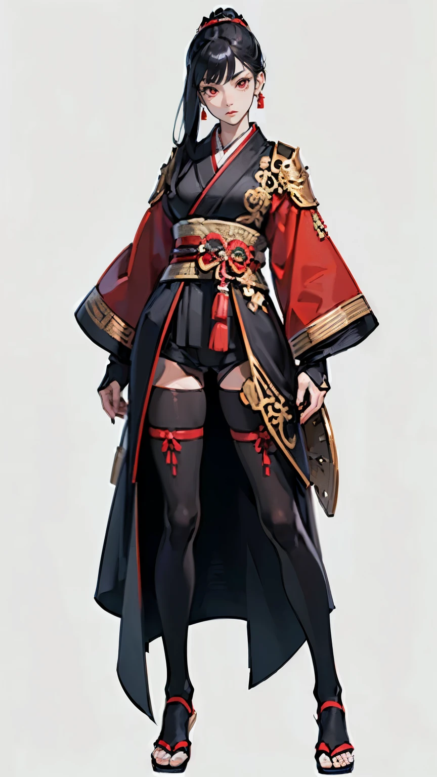 ((masterpiece,best quality,8k,highres)),((character concept art)), 1 female, adult female, warrior, 190 cm height, long straight hair, hime cut hairstyle (plack hair colour), ultra finely detailed eyes (red eyes colour), extraordinary gorgeous, charming, emotionless, no expression, shapely breasts, hourglass body shape ((muscular)), ((intricate detail)), super finely detailed hands, ultra finely detailed fingers(((ten fingers))), japanese kimono,samurai armour (black outfit colour), short pants, white sheer tights(pantyhose), japanese clogs shoes, earrings, necklace, (standing still), (full body showcase), (show full body), (no logos on background), (no logo), ((plain background)), ((plain background)), (((empty background)))