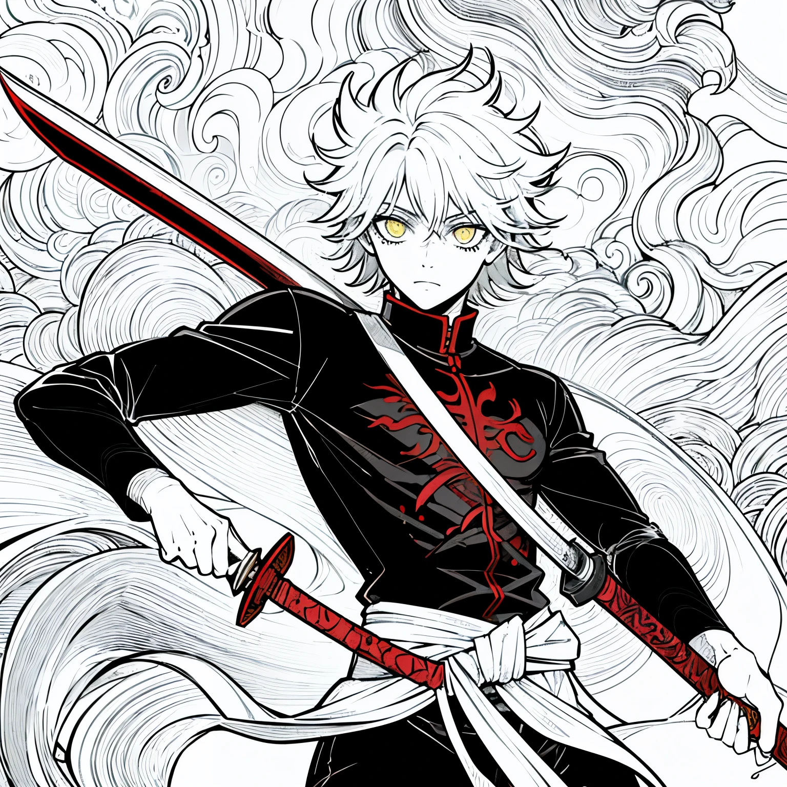 Um jovem sentando na floresta, short, messy hair and yellow eyes with just a horizontal line in the middle, empty expression of someone without feelings, a sword with a red handle in its black sheath are strapped to his waist. Fushiguro appearance from jujutsu kaisen manga