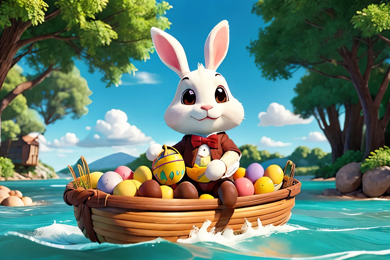 Draw an Easter bunny holding a basket of eggs while sailing down a chocolate river.