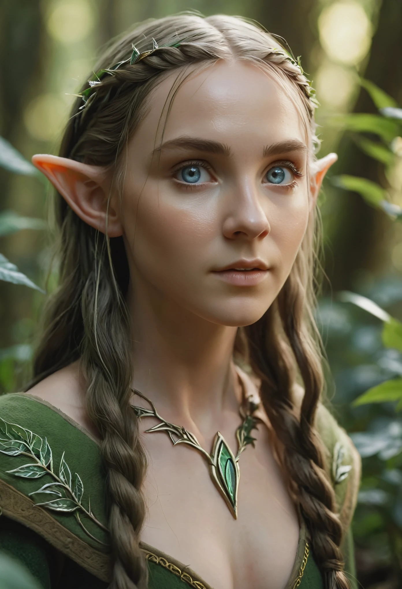 (detailed face, detailed eyes, clear skin, clear eyes), lotr, fantasy, elf, female, full body, looking at viewer, portrait, photography, detailed skin, realistic, highly detailed, full length frame, High detail RAW color art, , plants, forest, shallow depth of field, sharp focus, mystical, cinematic lighting, elf ear, solo, 1girl, 