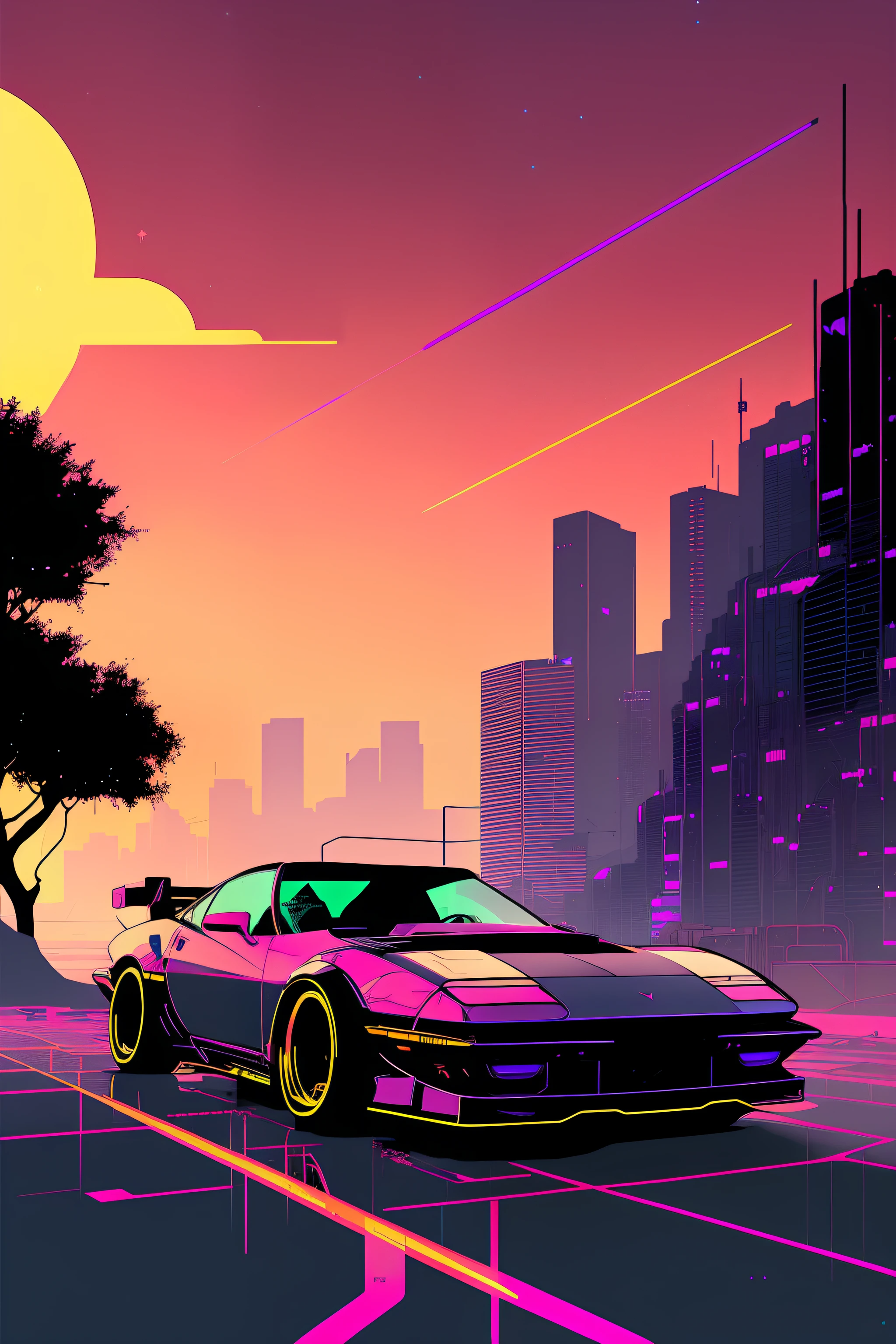 (nvinkpunk:1.2) (snthwve style:0.8) corvette, lightwave, sunset, intricate, highly detailed