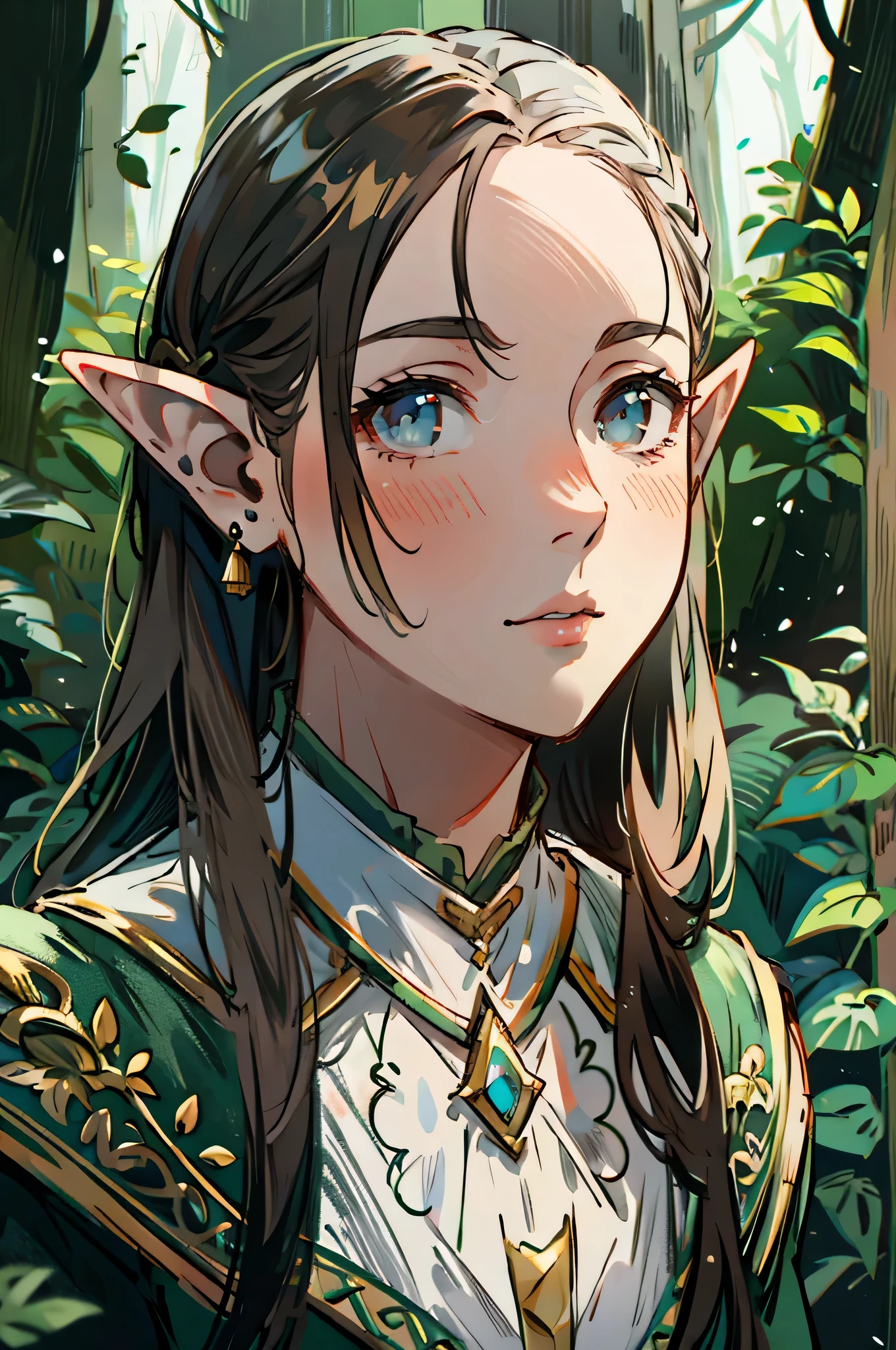 (detailed face, detailed eyes, clear skin, clear eyes), lotr, fantasy, elf, female, full body, looking at viewer, portrait, photography, detailed skin, realistic, highly detailed, full length frame, High detail RAW color art, nude, plants, forest, shallow depth of field, sharp focus, mystical, cinematic lighting, elf ear, solo, 1girl, 