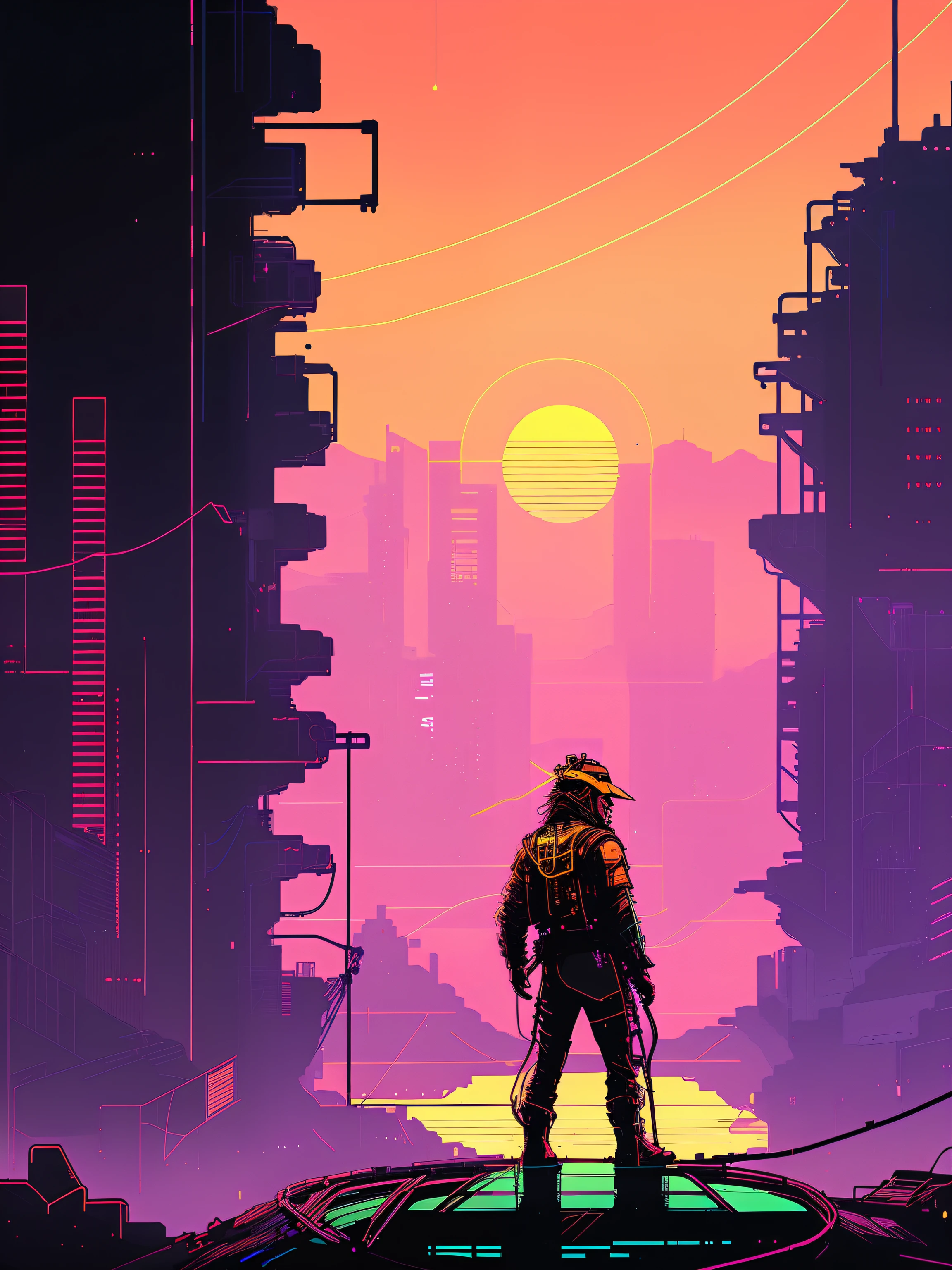 (nvinkpunk:1.2) (snthwve style:0.8) cowboy, lightwave, sunset, intricate, highly detailed