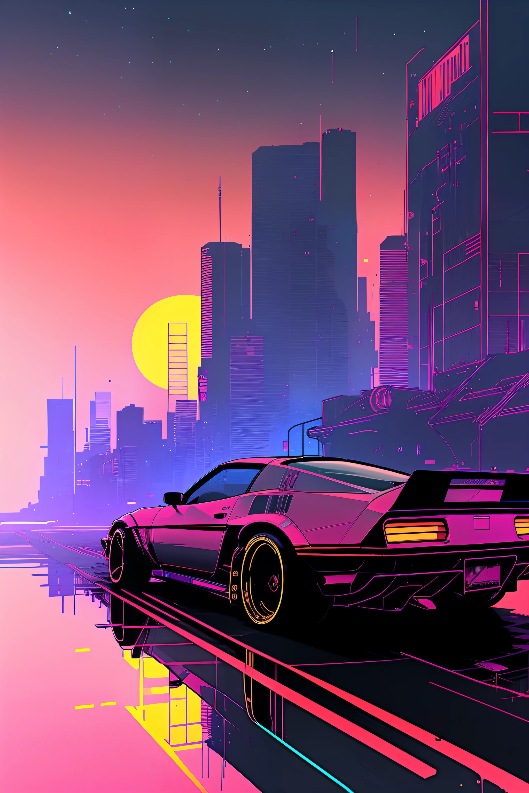 (nvinkpunk:1.2) (snthwve style:0.8) corvette, lightwave, sunset, intricate, highly detailed