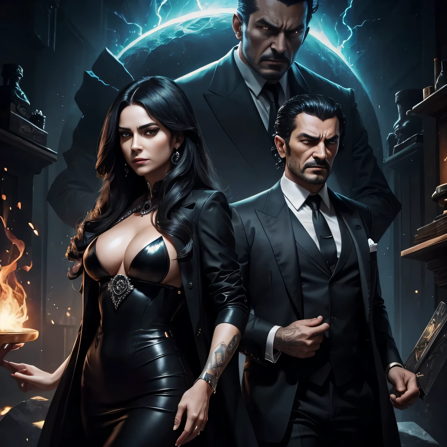 dark billionaire or mafia leader with tense expression, and others, mysterious werewolf with magical powers, radiating magic and energy.