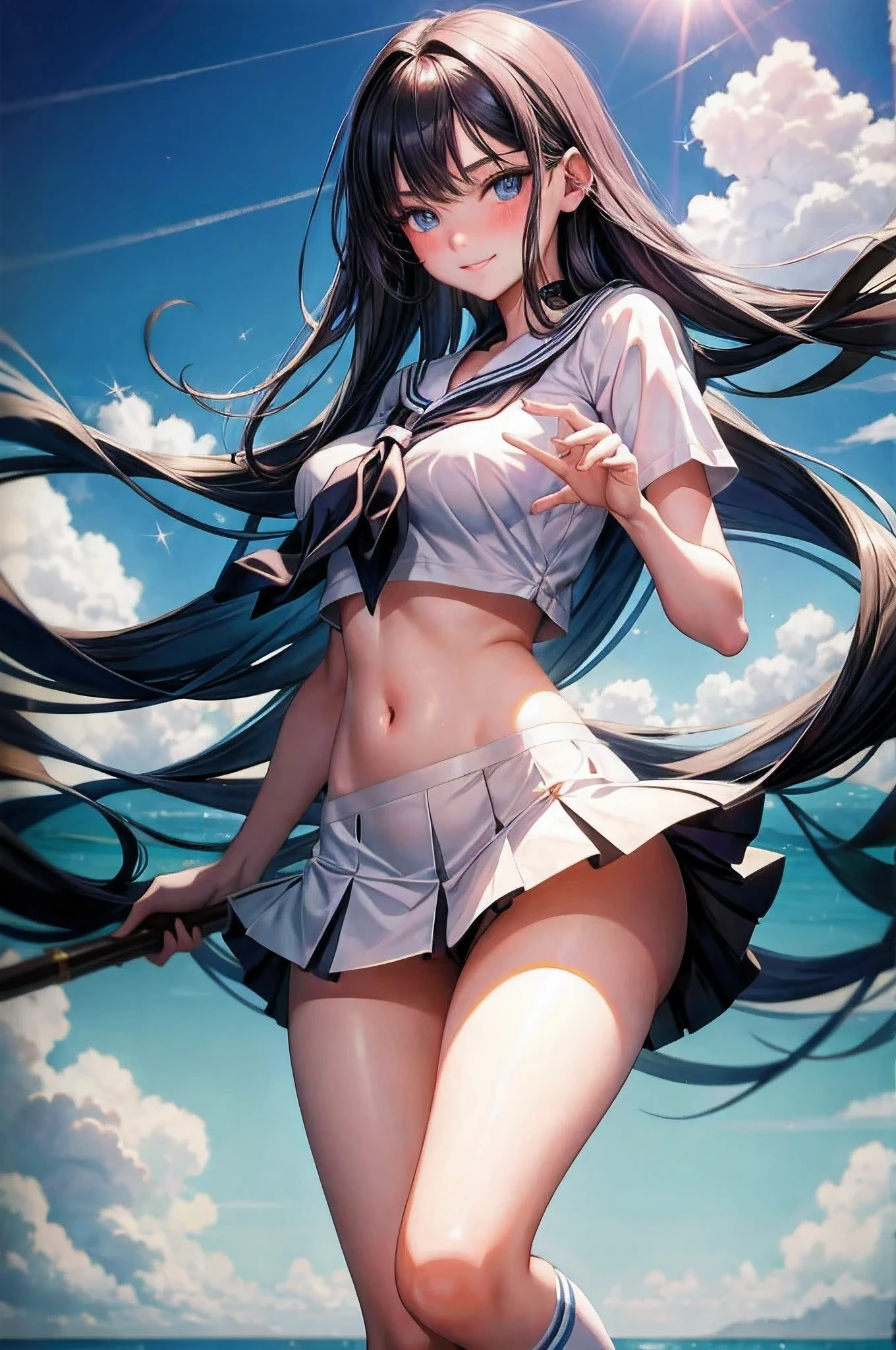 masterpiece,1 girl, 18-year-old, masterpiece, beautiful girl, Super detailed, highest quality, realistic, Transparent beauty, perfect face, detailed face, deep and fine eyes, sgardenling eyes, (Shiny blue beautiful eyes with reflection), glossy black hair, Long straight floating hair, light smile, blush, school sailor suit, serahuku, crop top, (Floating mini skirt), white knee high socks, (big breasts), shot from below, looking at the viewer, garden,