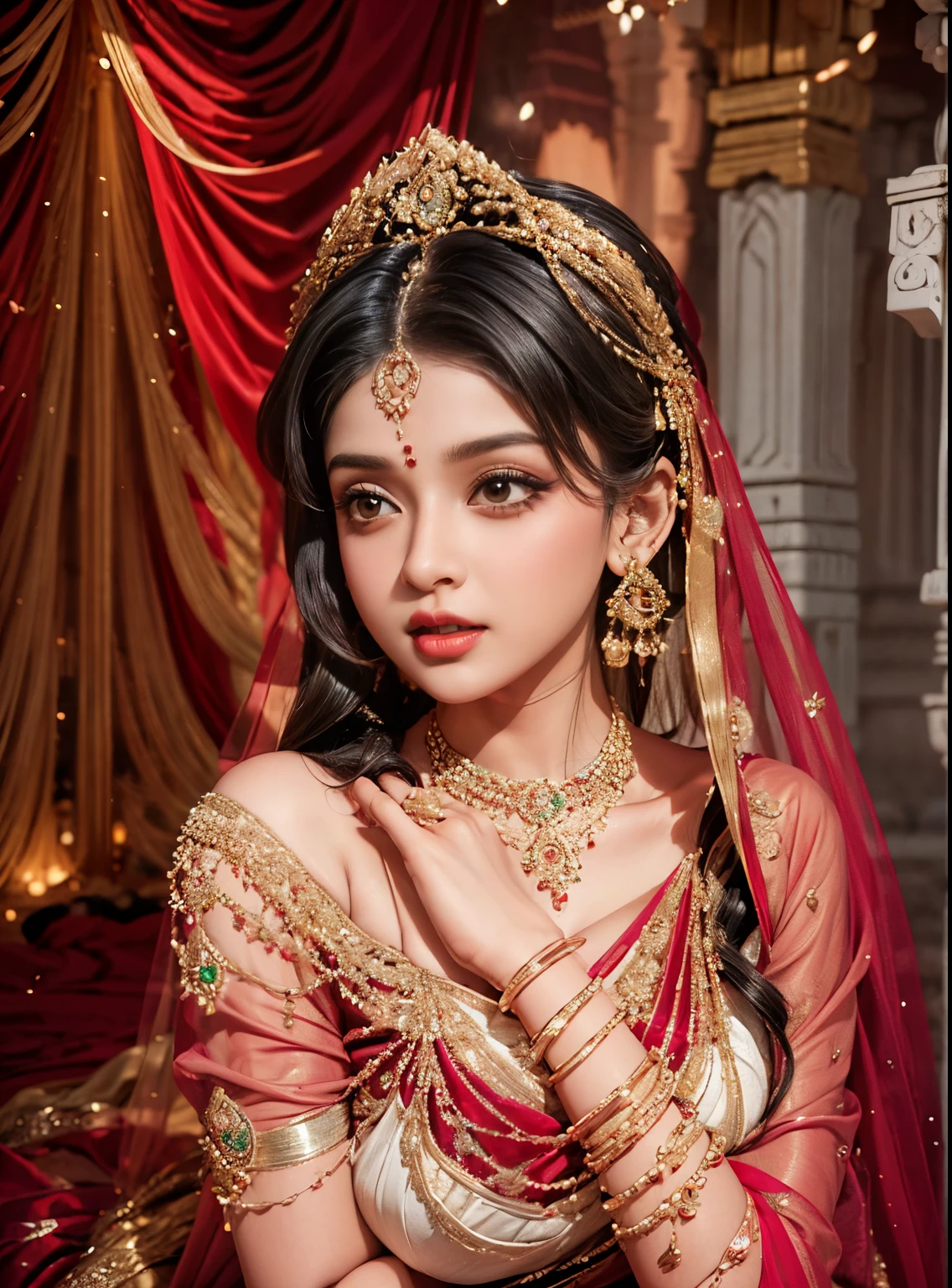 1girl,India girl,wearing saree, wearing earrings,big ,earring piercing in the nose,black hair,hyper realistic, ultra detail, high res,