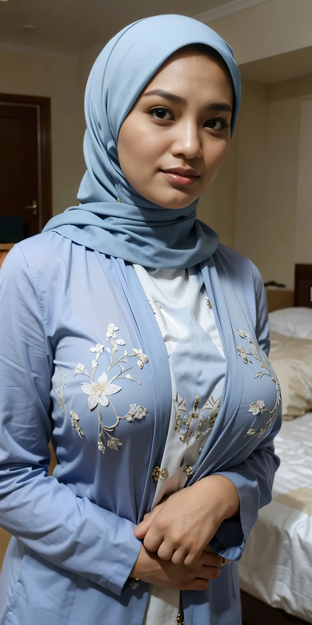  a beautiful young woman hijab, (((super big breast))), (very big breast covered),Large open neckline、thigh legs, perfect face, (((very huge big breast,))), curvy shaped body, 
cleavages,((( Gigantic Breast))), completely naked, showing nipples and pussy, (((covering mouth, long veil))), ((Big big breasts))、large open neckline, Slim Face、20 years old, stil young, Pretty Lady,  smile eyes, bedroom, sitting, (big breast open) , see full image