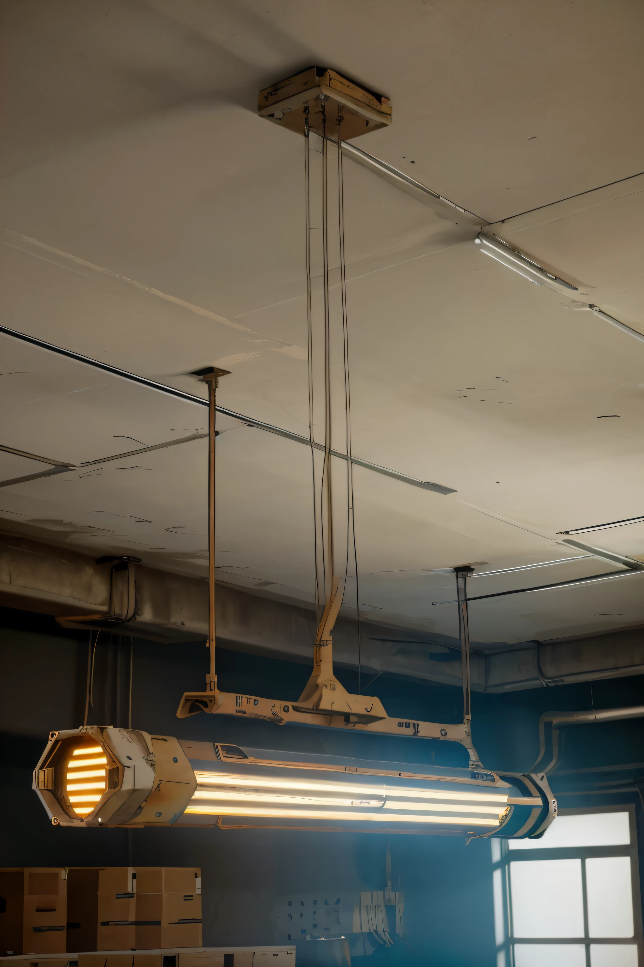 long tube light fluorescent tube with light fixture hanging from a ceiling, industrial lighting, defective fluorescent lighting, cinematic industrial lighting, ceiling fluorescent lighting, light fixtures, fluorescent ceiling lights, high quality lighting , detailed side view , worn rusted edges , post apocalyptical